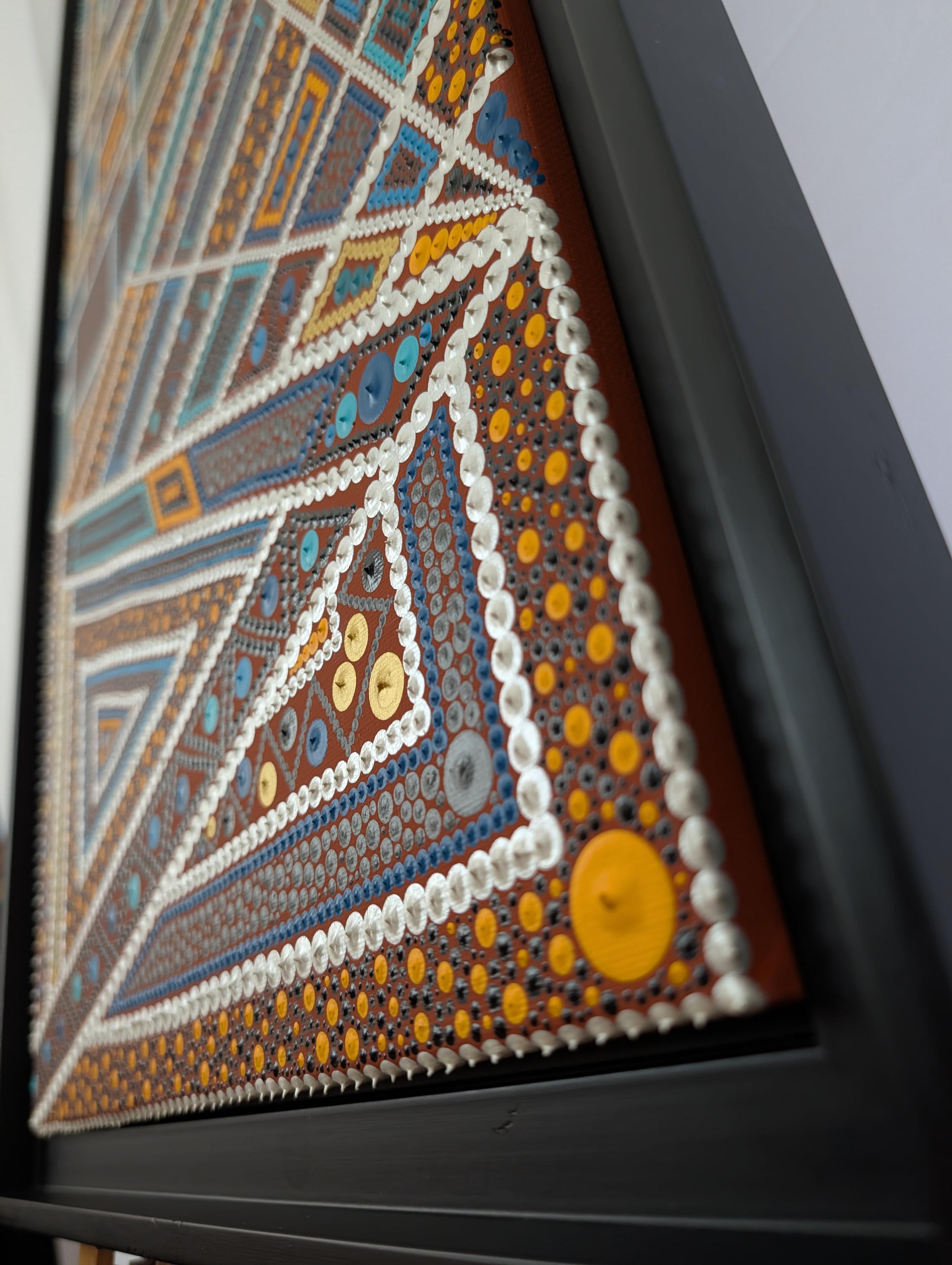 Détail texturé de l'œuvre "Perspectives croisées" de Caroline Pons, un tableau abstrait contemporain. Motifs géométriques en points relief marrons, bleus, jaunes et blancs.