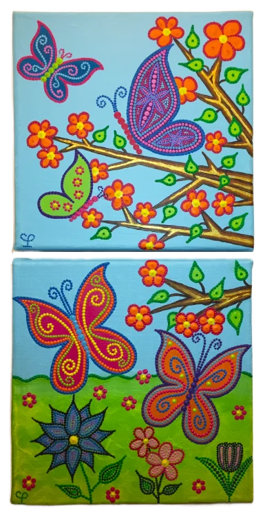 Papillons de Caroline Pons, une œuvre originale vibrante. Ses papillons et fleurs aux couleurs vives sont réalisés en dot art sur un fond bleu ciel et vert, créant une ambiance joyeuse et détaillée.