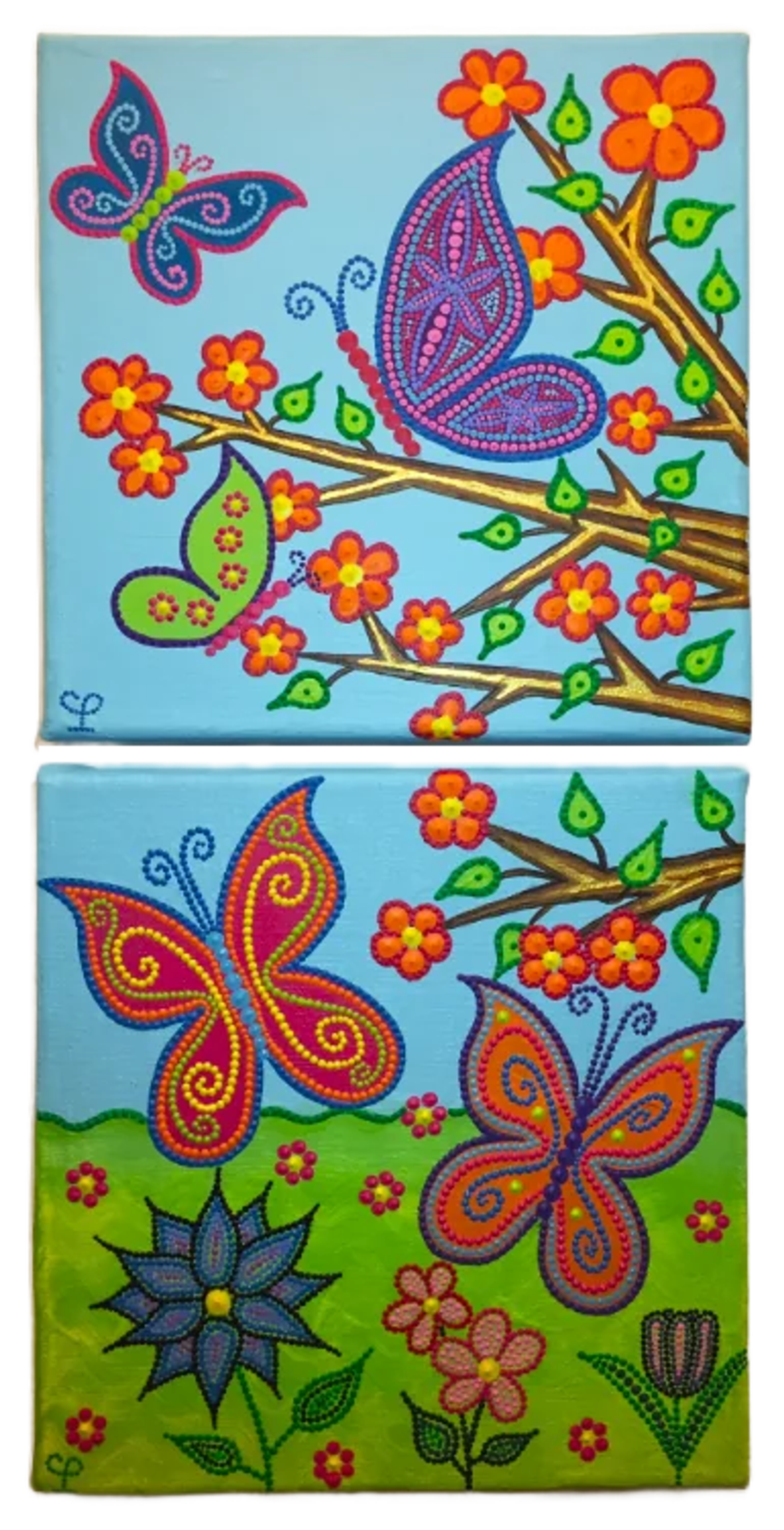 Papillons de Caroline Pons, une œuvre originale vibrante. Ses papillons et fleurs aux couleurs vives sont réalisés en dot art sur un fond bleu ciel et vert, créant une ambiance joyeuse et détaillée.