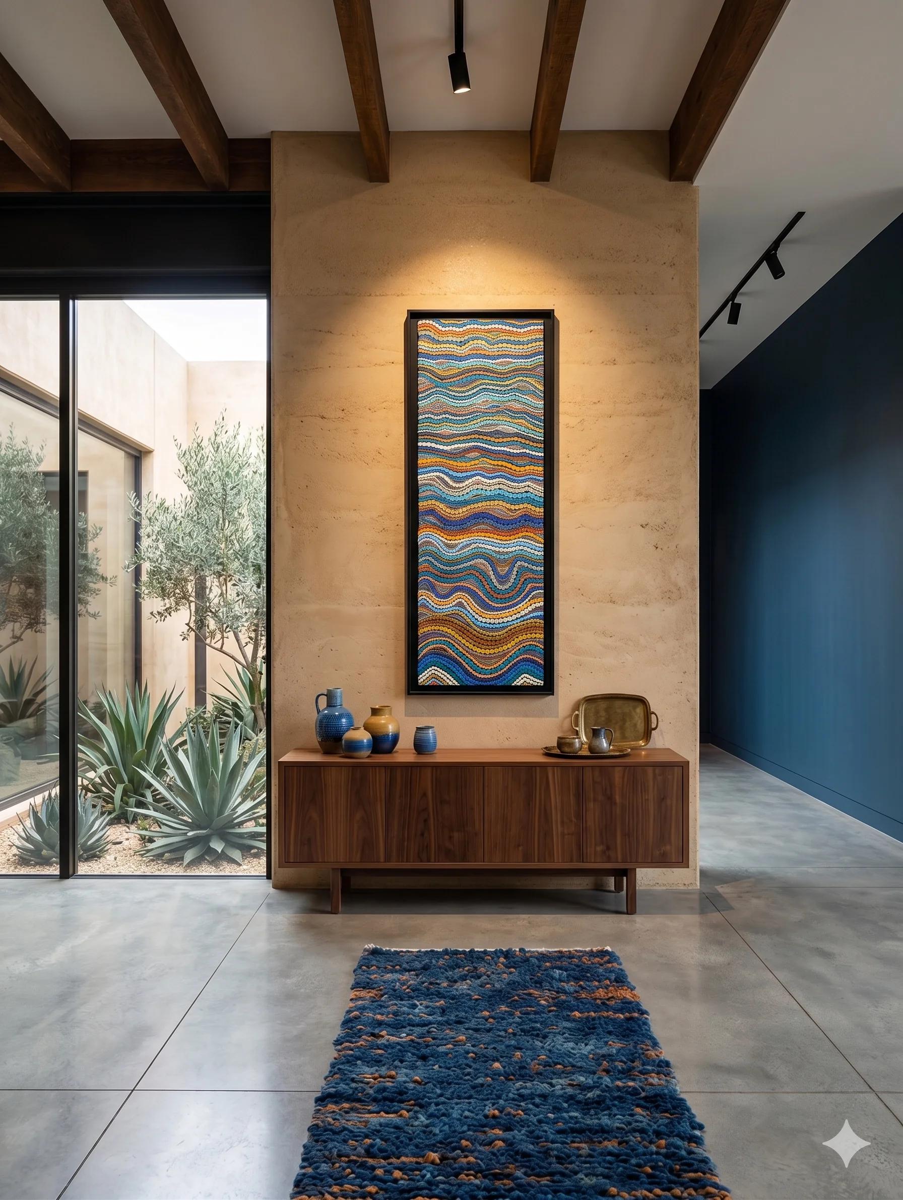 Tableau abstrait contemporain « Courants précieux » de Caroline Pons, dot art aux vagues colorées (bleu, orange, jaune) sur mur texturé d'un intérieur moderne et lumineux.