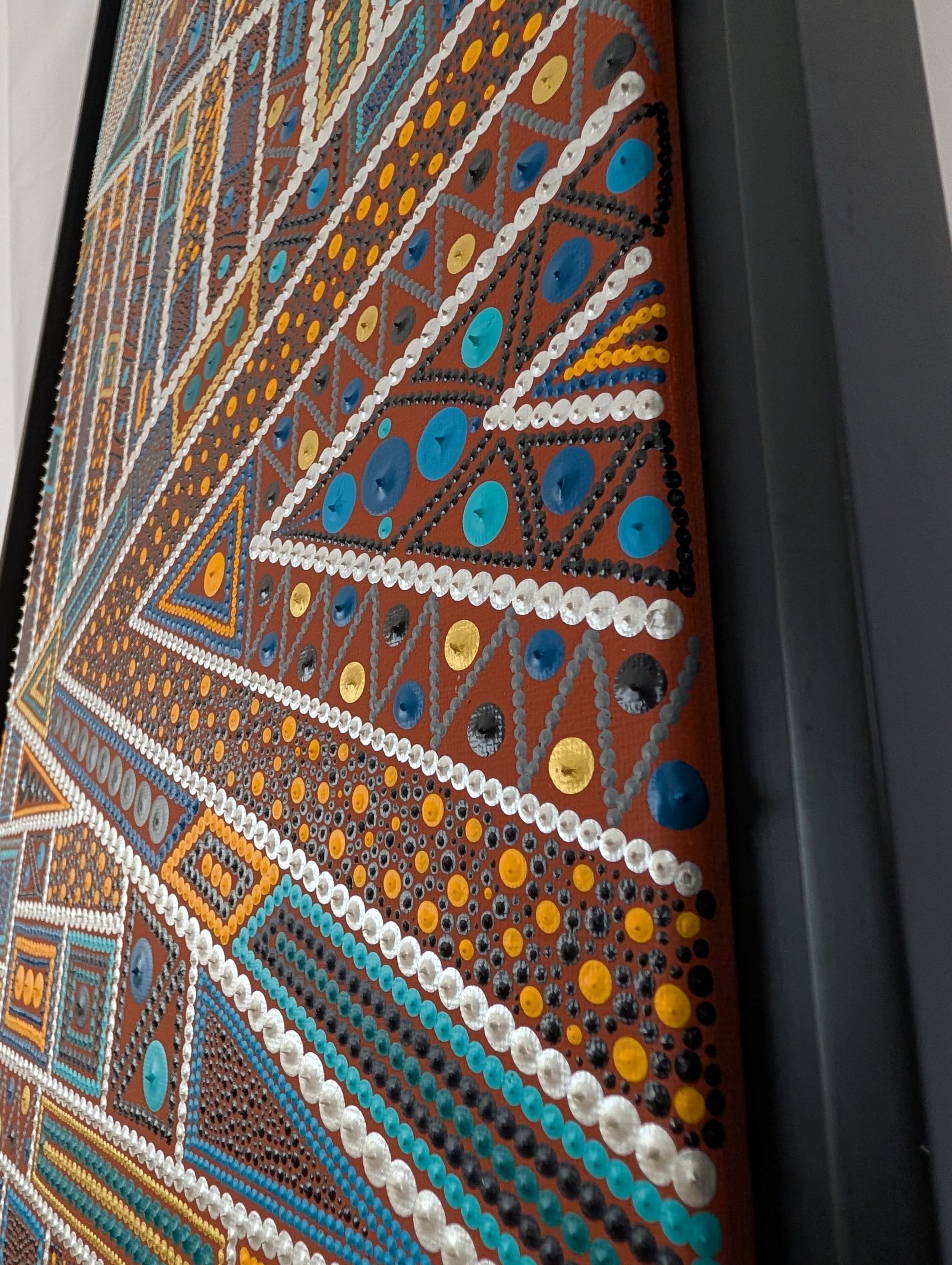 Détail texturé de l'œuvre 'Perspectives croisées' de Caroline Pons, révélant des motifs géométriques en points sur fond terre cuite. Couleurs vives (bleu, jaune, blanc, noir) créant un art aborigène contemporain unique.