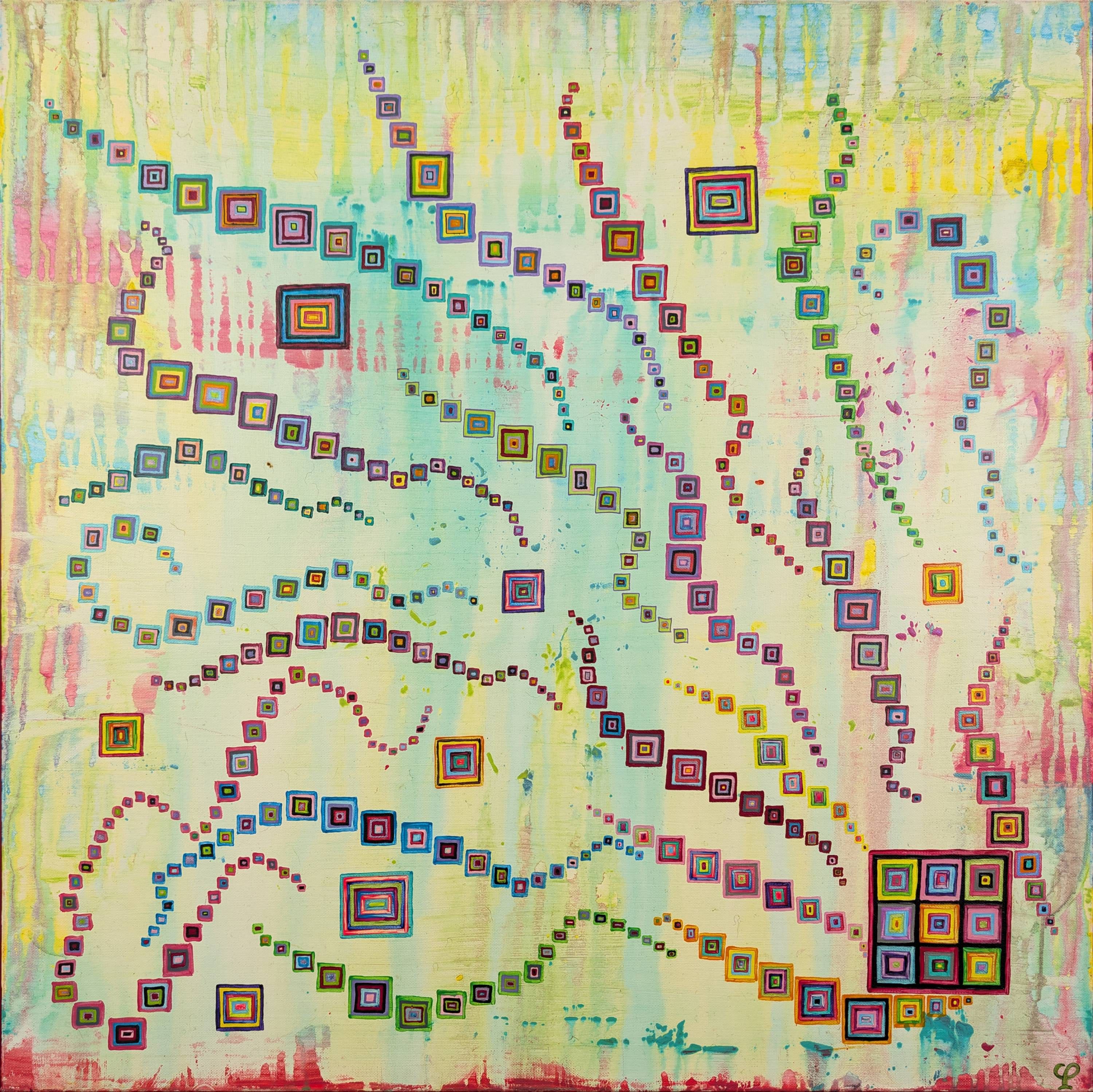 Tableau abstrait contemporain "Pixels en fête" de Caroline Pons, vibrant avec des carrés concentriques colorés créant des chemins dynamiques sur fond pastel texturé.