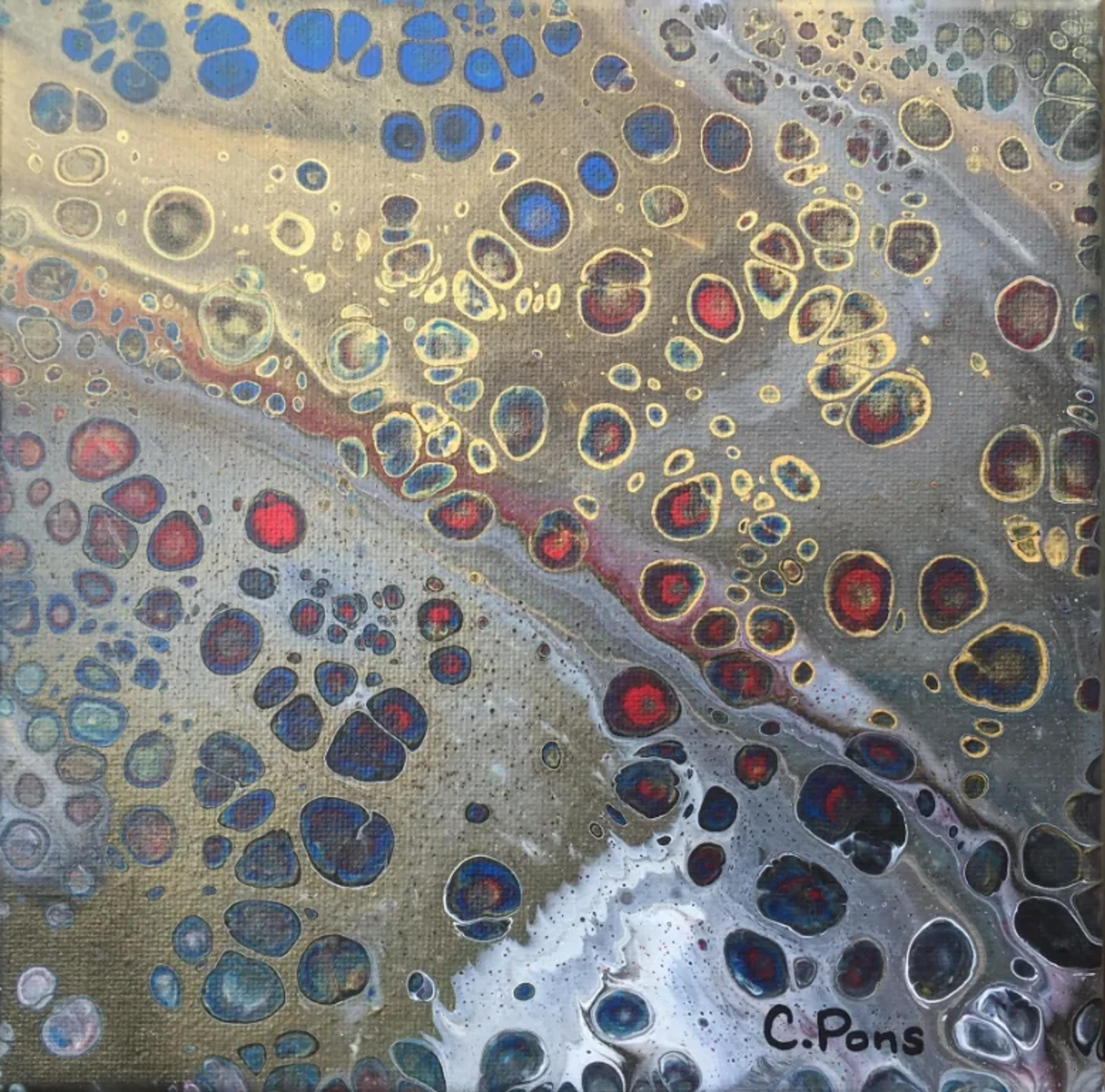 Tableau abstrait contemporain de Caroline Pons: coulée acrylique rouge, bleu, doré et gris avec motifs de cellules vibrantes.