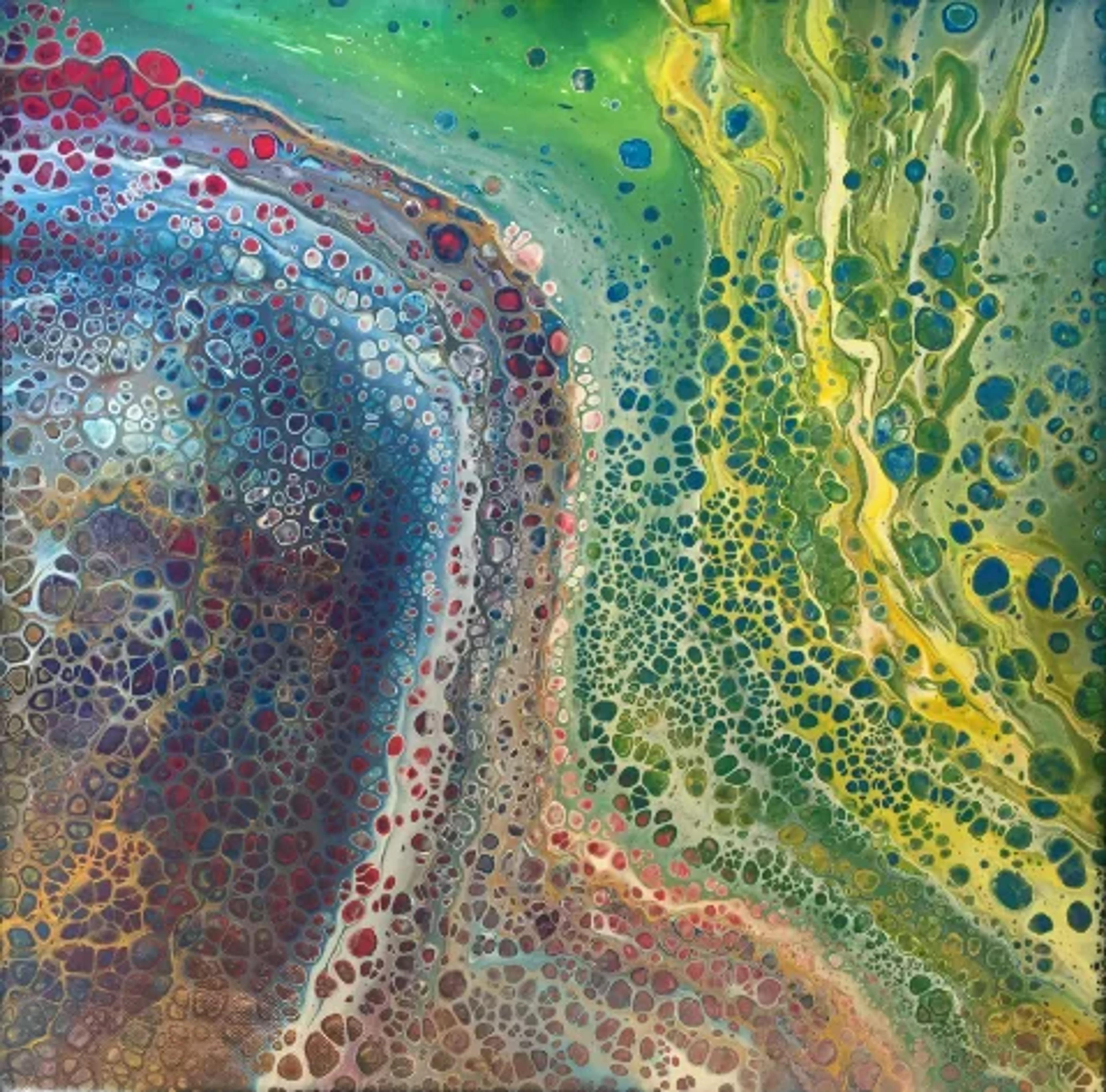 Tableau abstrait contemporain 'Acrylic pouring bleu et vert' de Caroline Pons, mélange de cellules organiques bleues, vertes, jaunes et rouges.
