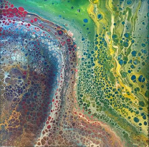 Modern abstract painting 'Acrylic pouring bleu et vert' by Caroline Pons, showcasing organic cells in blue, green, yellow, and red.