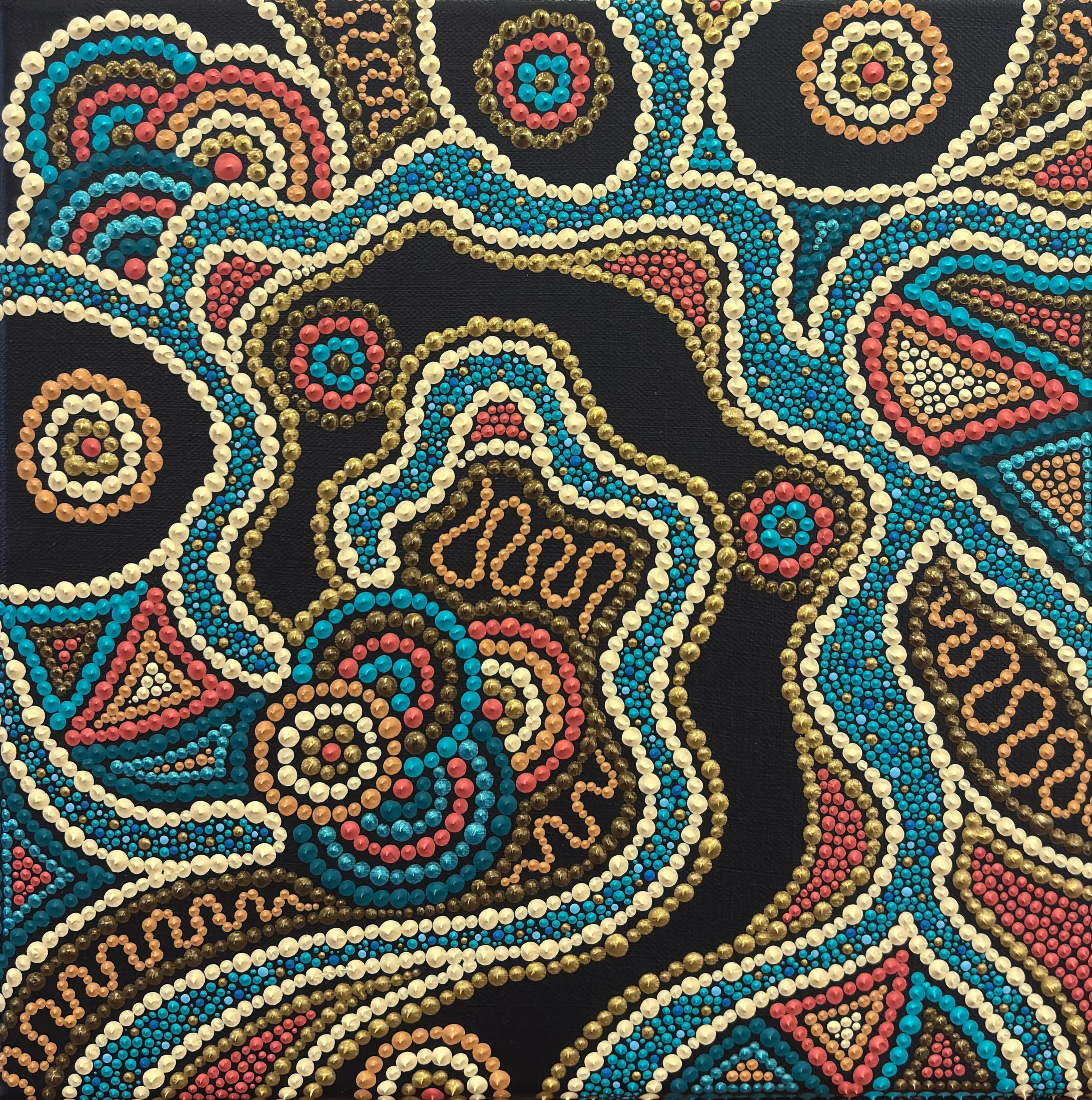 Les veines du monde by Caroline Pons. Textured dot art canvas with blue, coral, cream, gold patterns on black. Contemporary aboriginal-style art.