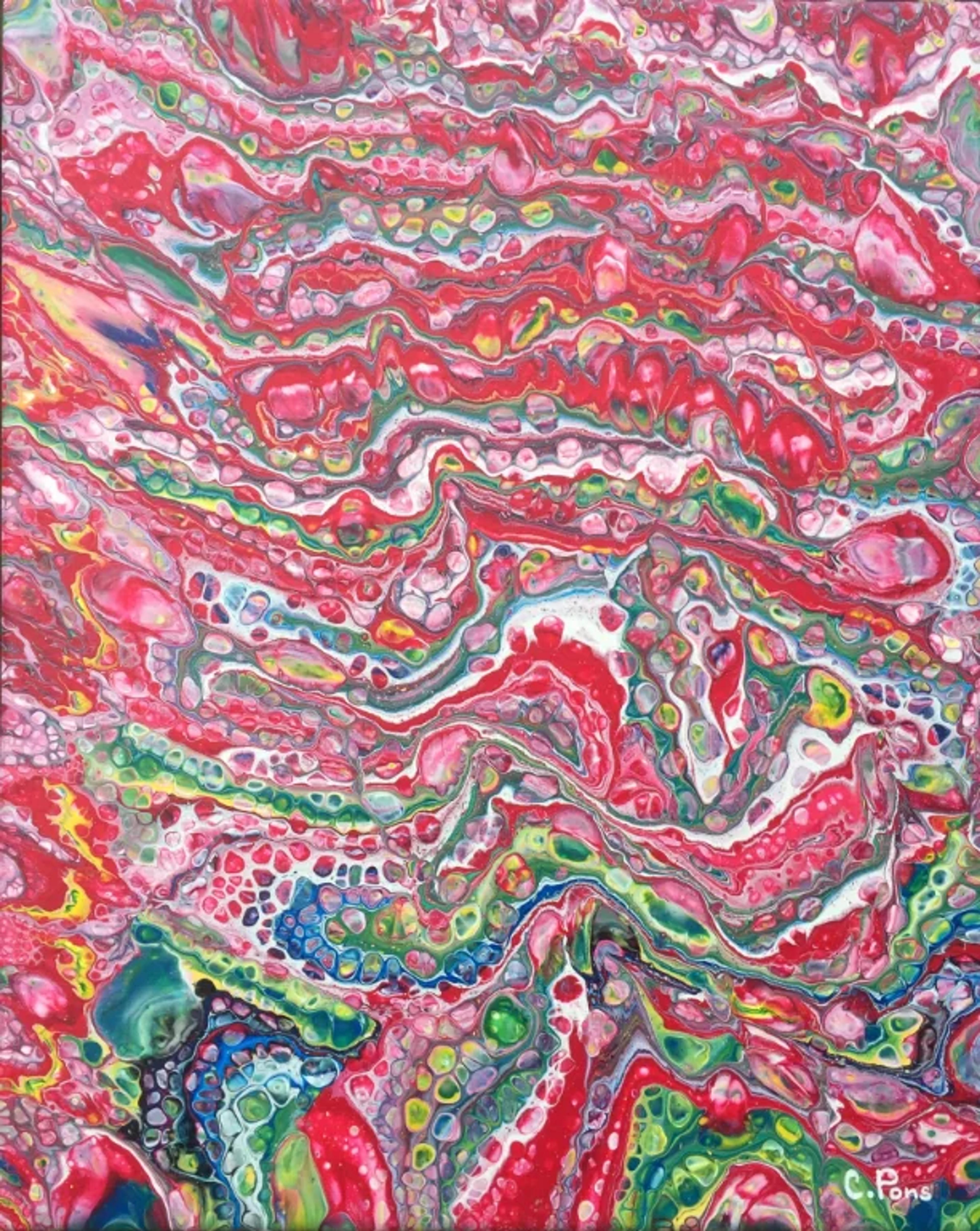 Toile acrylique colorée "Acrylic pouring" par Caroline Pons, révélant des motifs organiques fluides et des cellules vives en rouge, rose, vert et bleu.