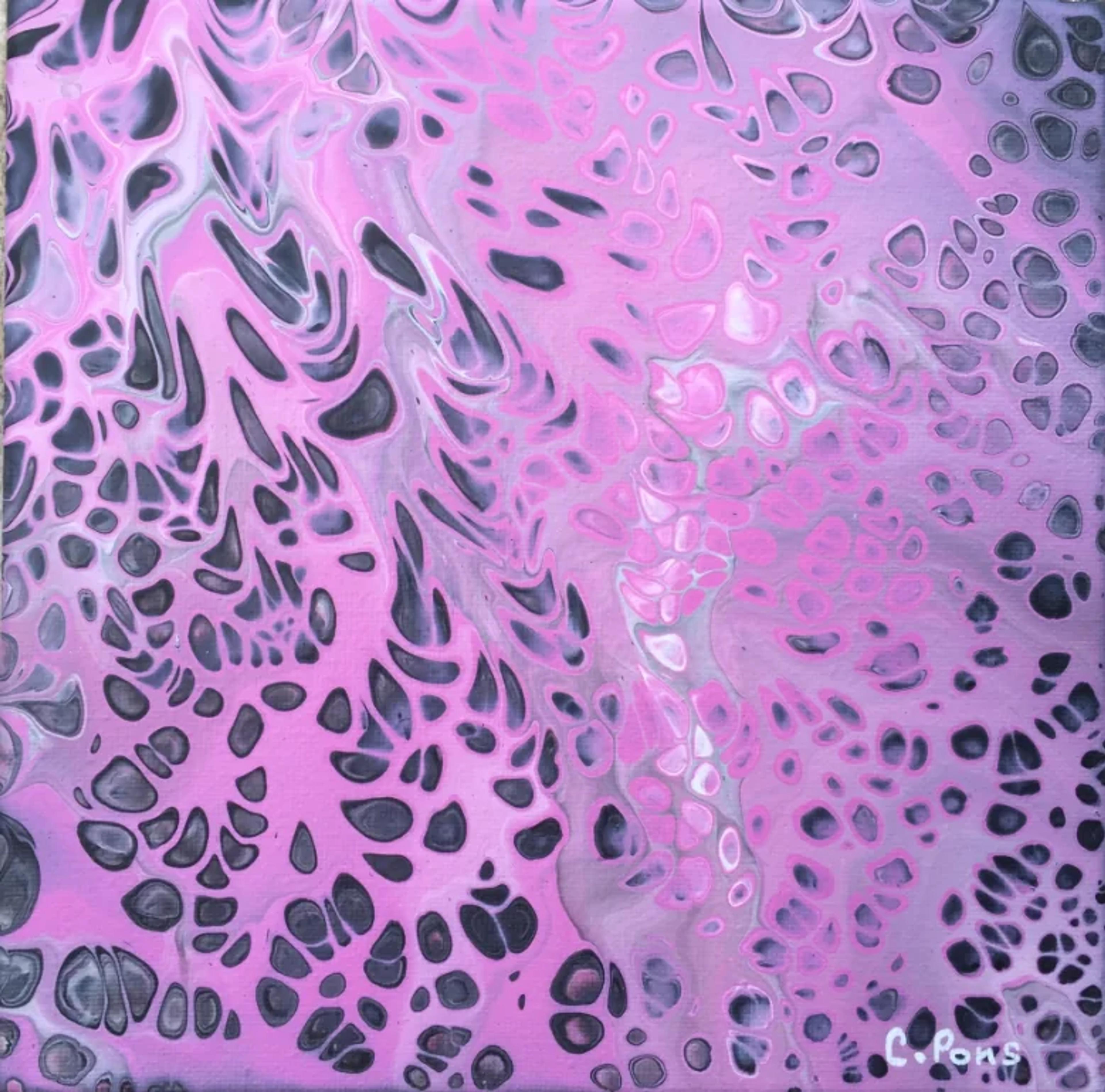 Tableau abstrait contemporain de Caroline Pons, 'Acrylic pouring rose et noir'. Œuvre fluide aux motifs organiques roses, noirs et gris, créant un effet de cellules distinctif.