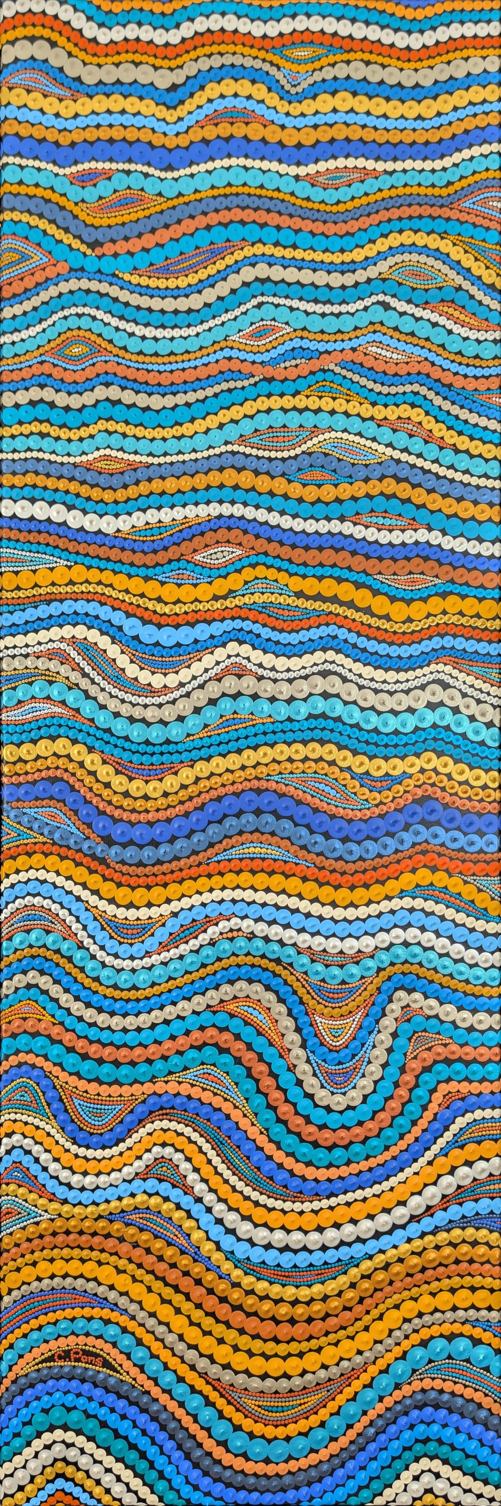 Tableau abstrait contemporain de Caroline Pons, Courants précieux. Motifs ondulants vibrants de points bleus, orange, blancs et gris sur fond noir, évoquant le mouvement fluide.
