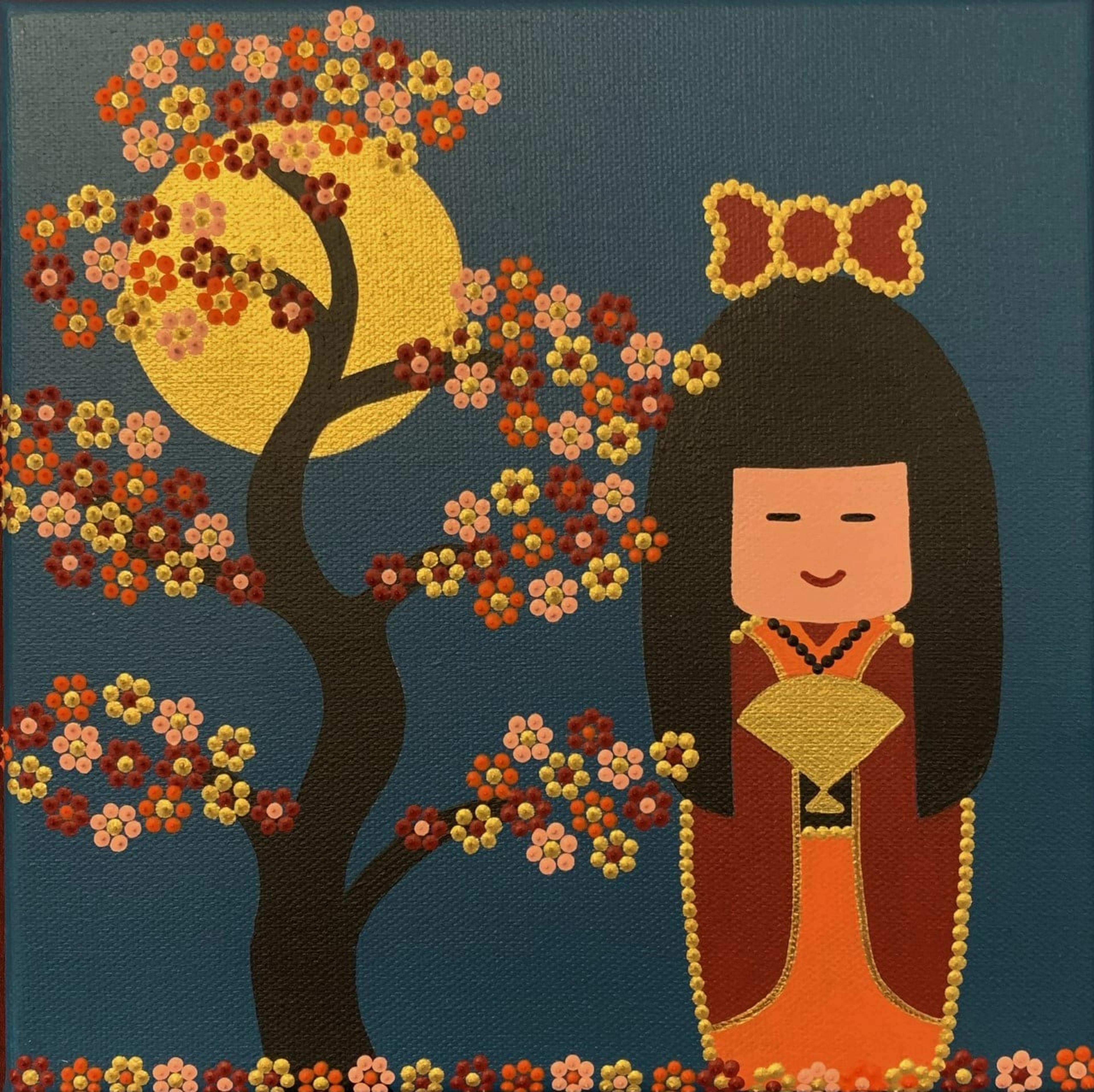 Toile acrylique "Poupée japonaise III" de Caroline Pons: poupée stylisée, cerisier fleuri et lune dorée en dot art sur fond bleu. Couleurs vives, détails délicats.