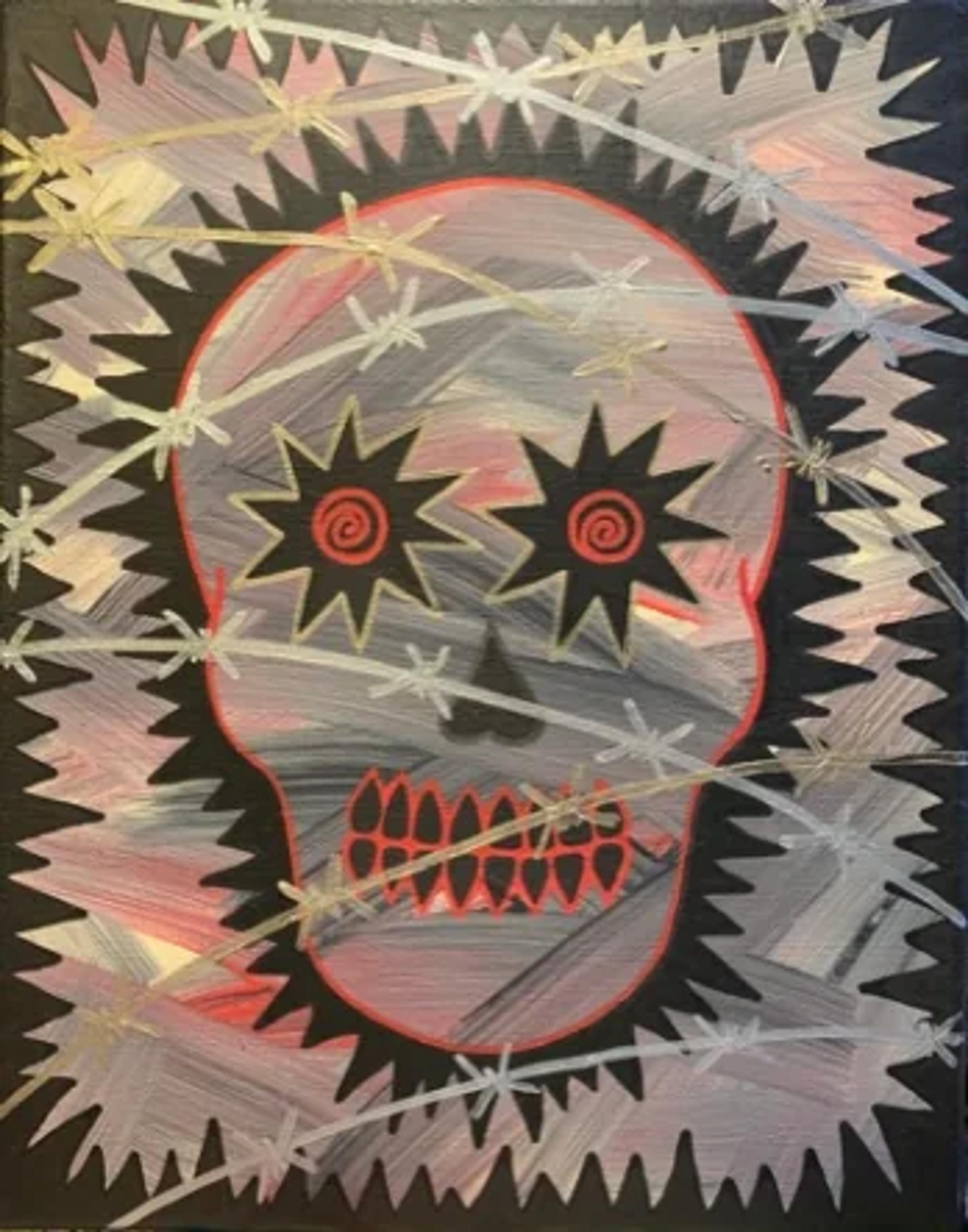 Caroline Pons, Art aborigène contemporain: Crâne aux yeux étoilés, entouré de barbelés argentés, sur fond sombre aux touches roses et grises, un style vibrant et pointilliste.
