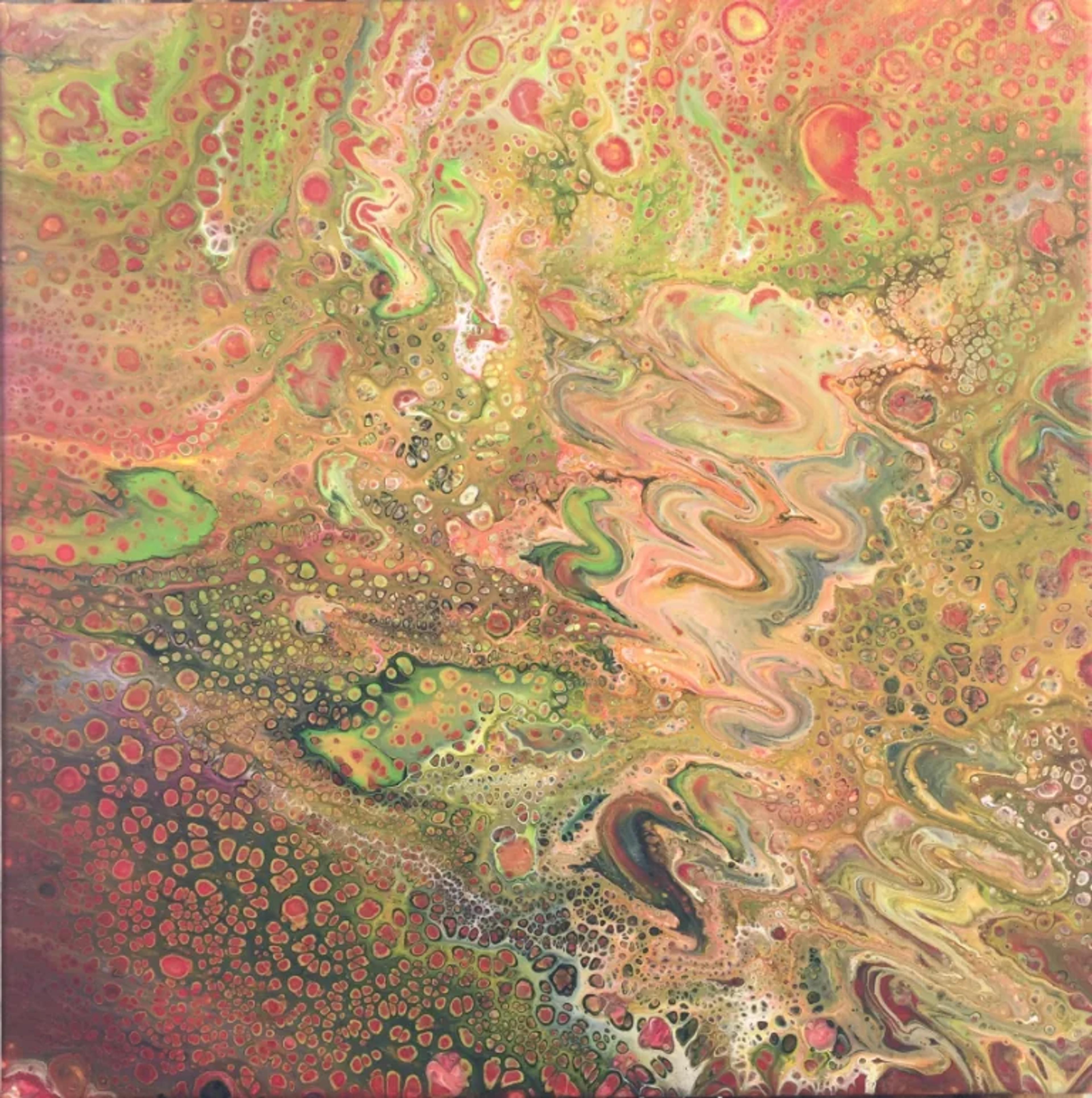 Art aborigène contemporain de Caroline Pons. Peinture fluide "Acrylic pouring" aux motifs cellulaires vibrants, tourbillons et points en rouge, vert et or.