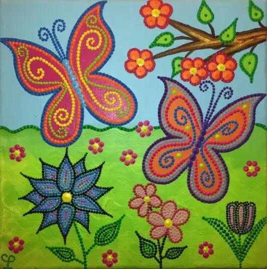 Caroline Pons: Tableau abstrait contemporain 'Papillons'. Dot art vibrant de deux papillons et fleurs aux formes organiques, couleurs fuchsia, orange, bleu, jaune sur fond vert et bleu ciel. Ambiance joyeuse.