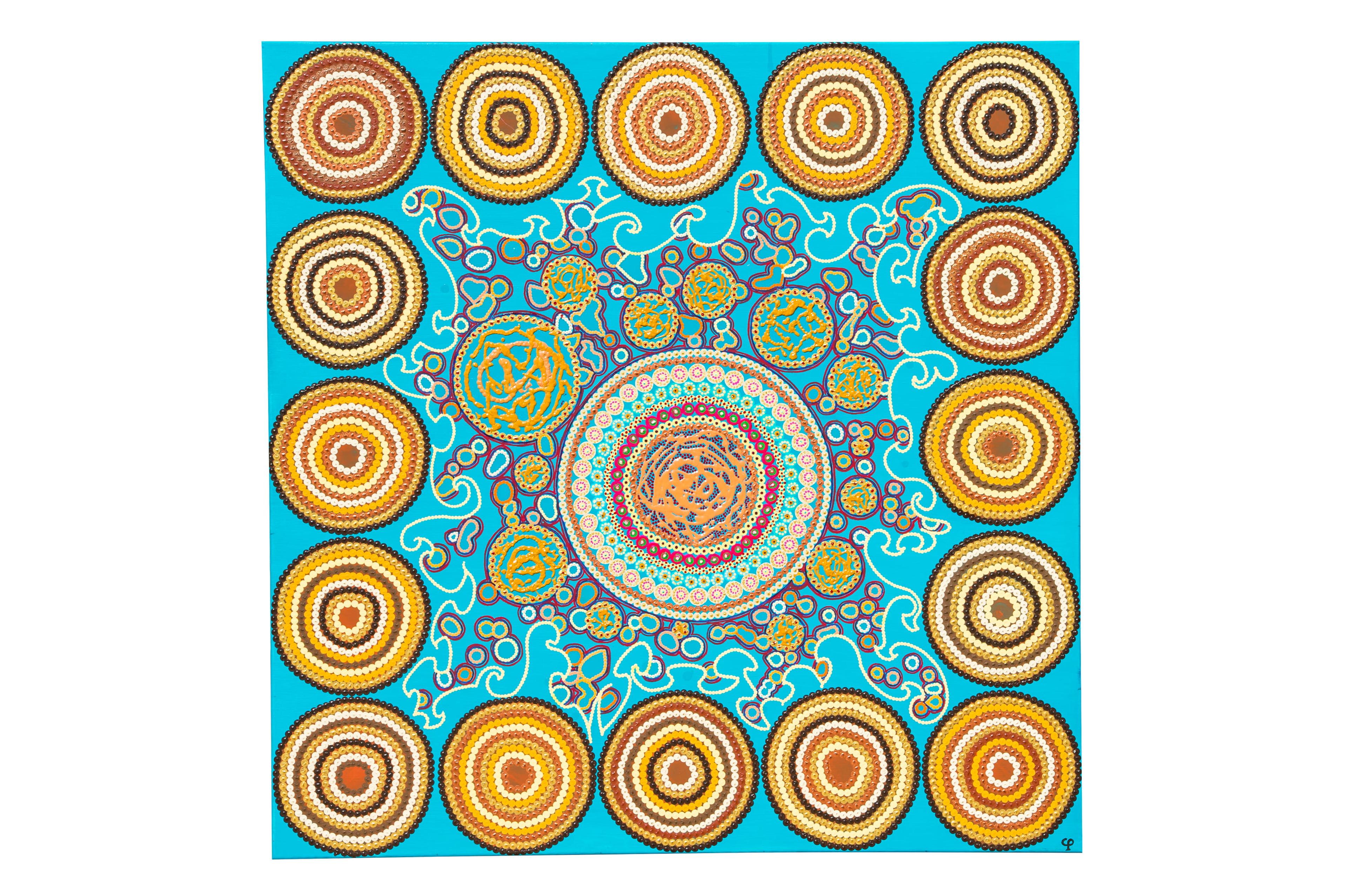 Contemporary fine art by Caroline Pons: vibrant dot art composition with concentric brown, gold, yellow, cream circles on a turquoise background, intricate organic patterns.
