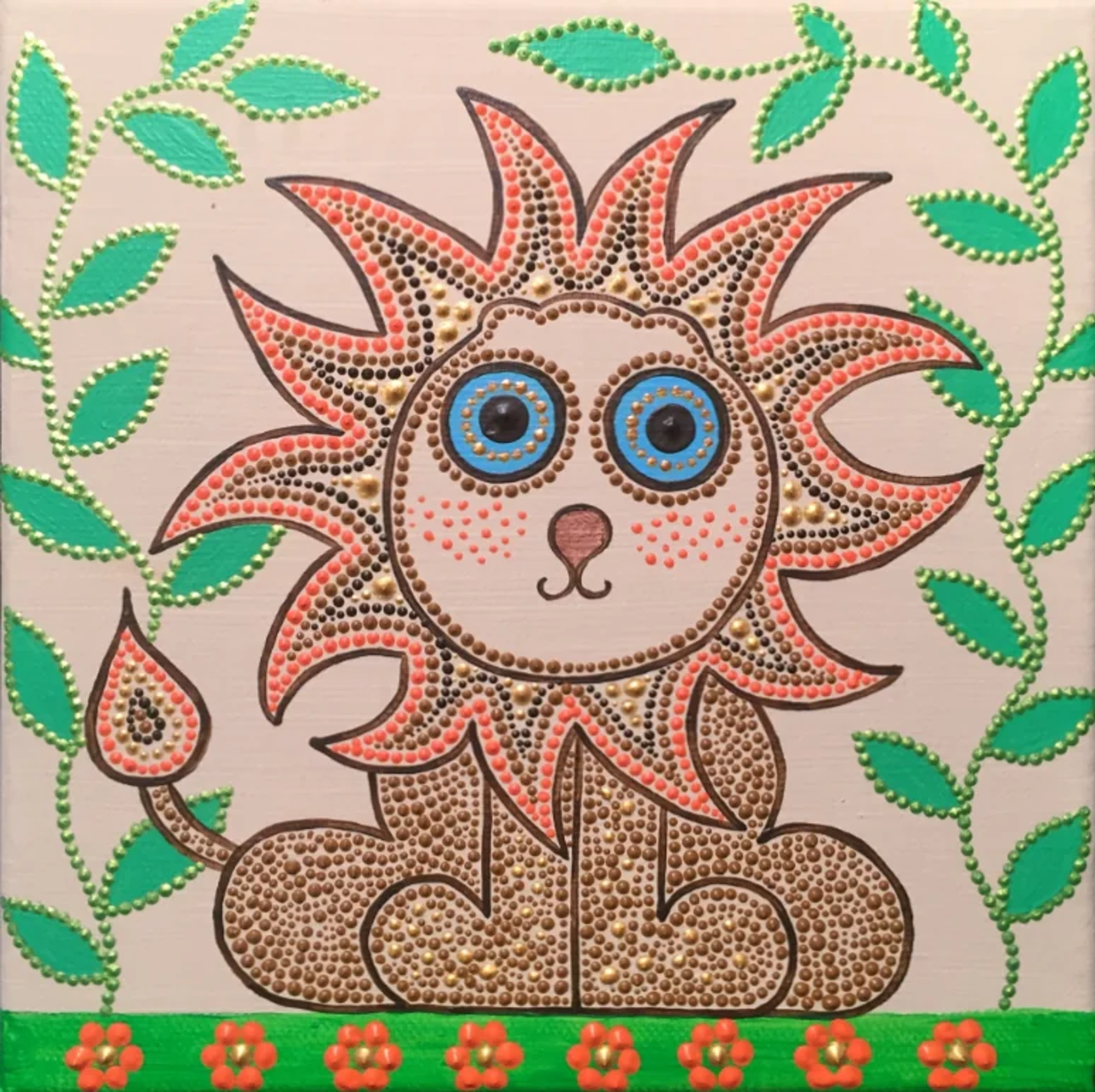 Lion Domi, œuvre originale de Caroline Pons. Peinture pointilliste d'un lion stylisé aux yeux bleus, crinière dorée et corail, encadré de feuilles vertes et fleurs, ambiance ludique.