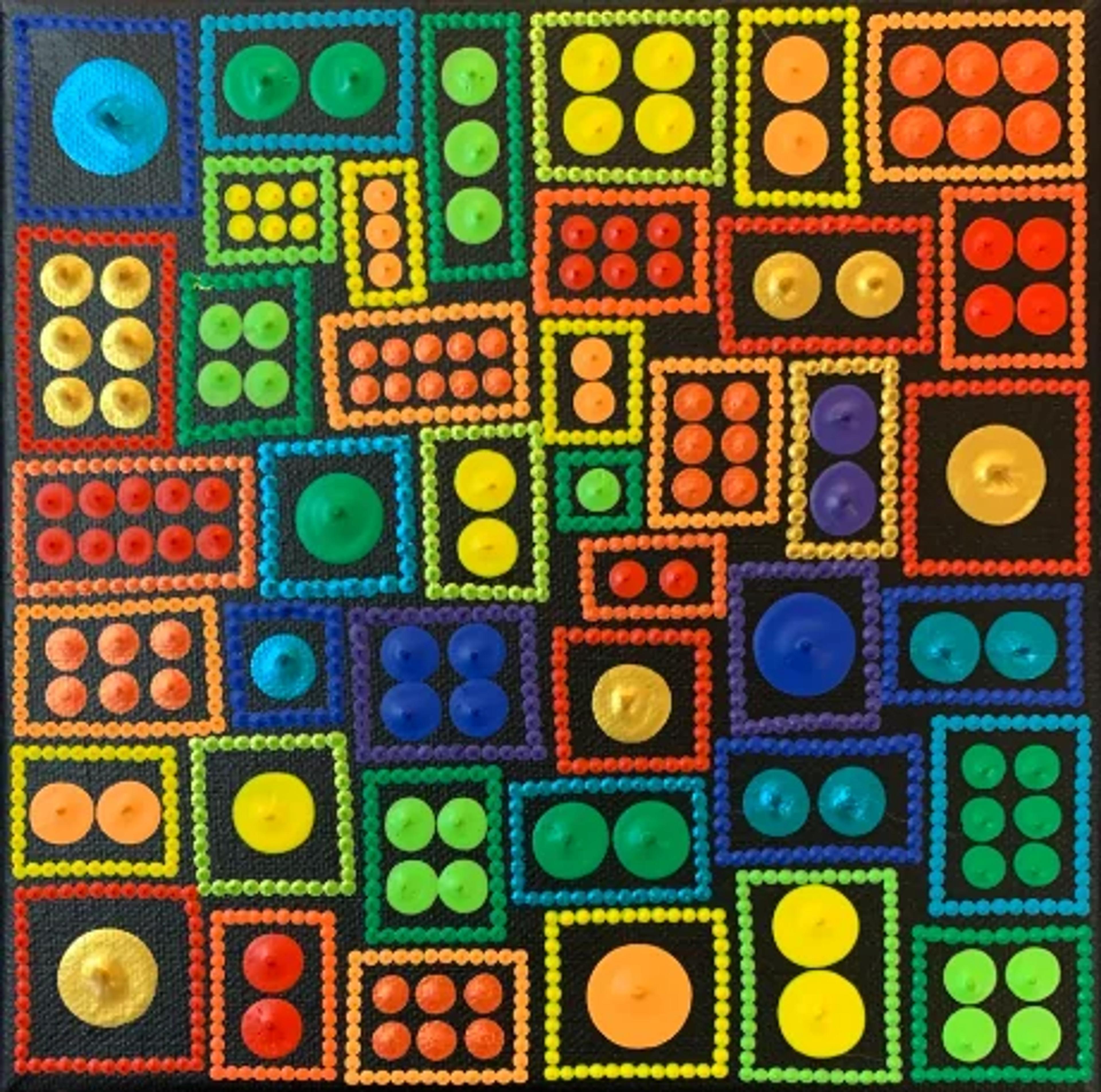 Caroline Pons: Tableau abstrait contemporain Toile #347. Cadres et motifs de points vifs (arc-en-ciel) sur fond noir. Art texturé et coloré.