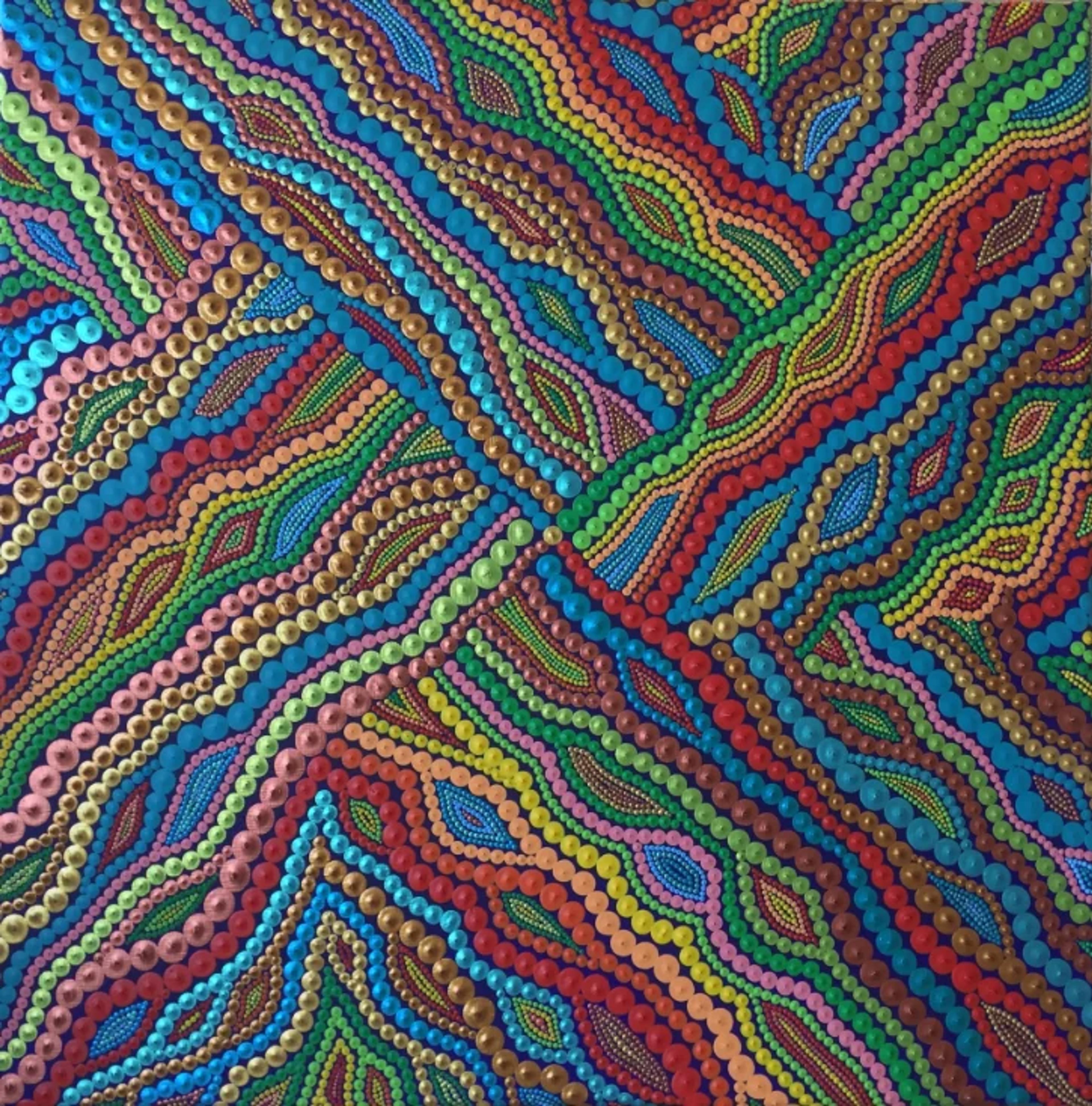 Tableau abstrait contemporain "Kaléidoscope" de Caroline Pons. Motif pointilliste dynamique aux formes ondulantes et couleurs vives (rouge, bleu, vert, or) sur fond sombre.