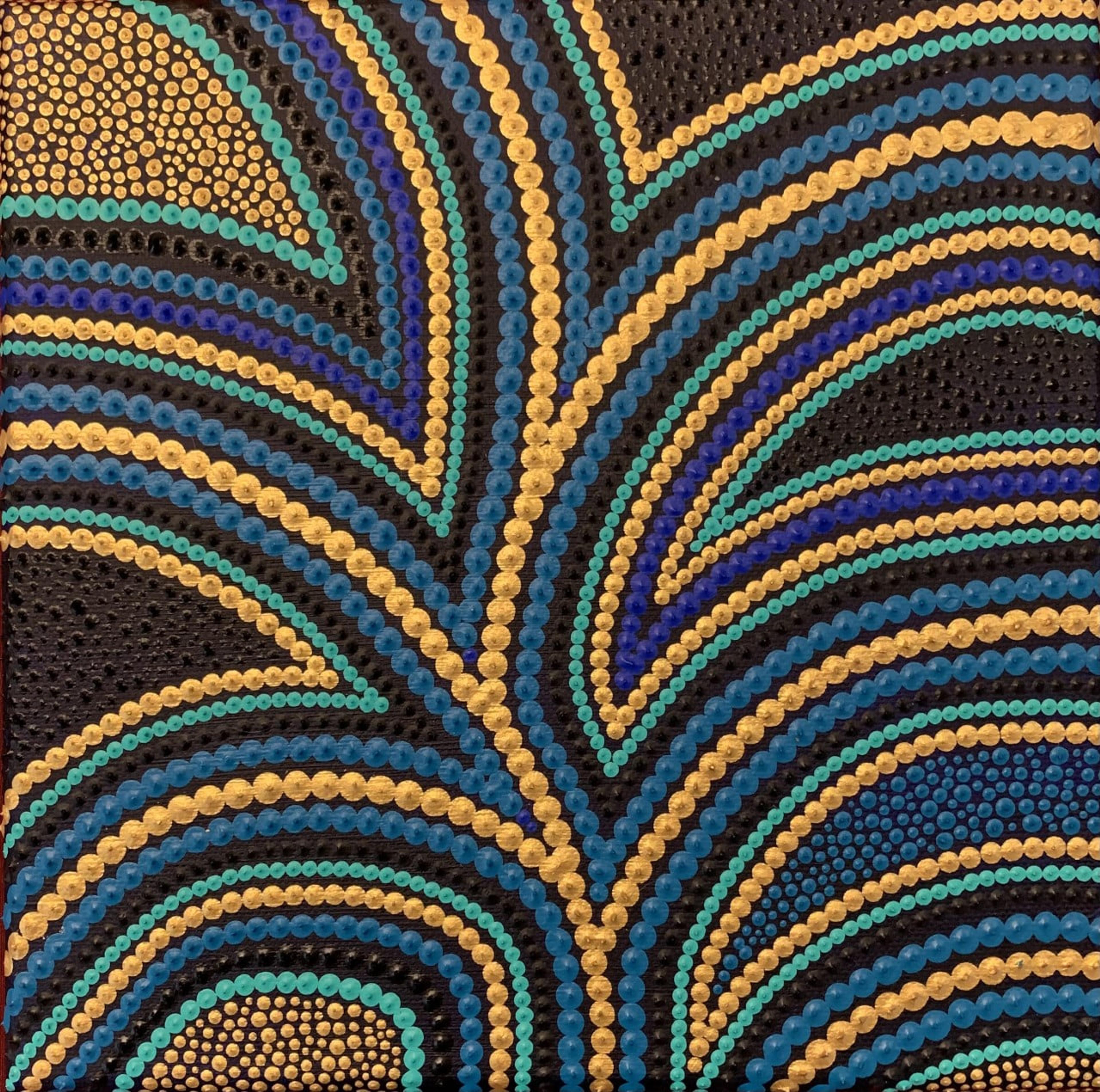 Tableau abstrait contemporain de Caroline Pons, 'Sans titre — Toile #384'. Points dorés, bleus et turquoises formant motifs courbes rayonnants sur fond noir, dot art texturé.