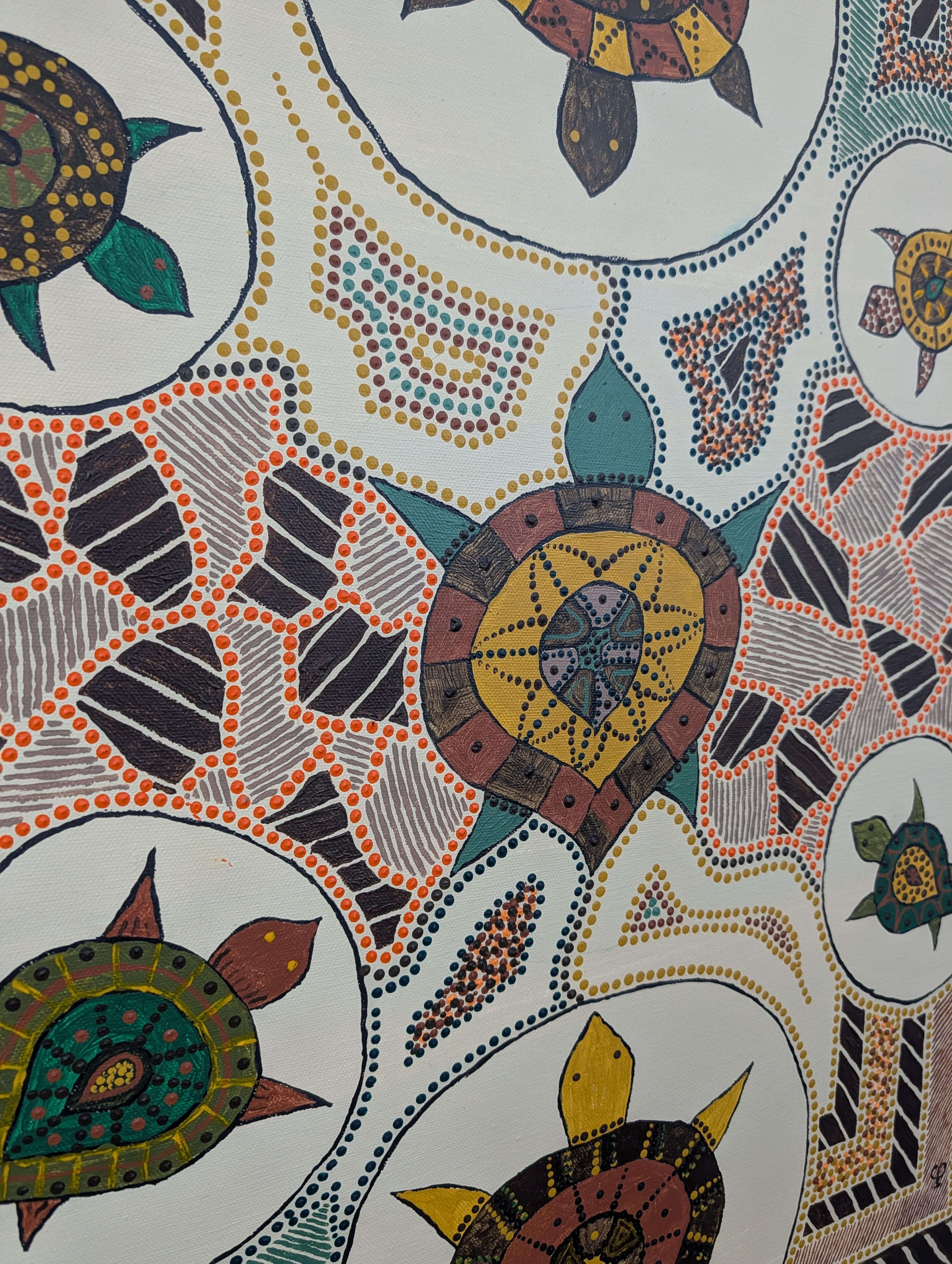 Gros plan sur Les tortues, un Art aborigène contemporain de Caroline Pons. Détail vibrant de motifs de tortues, points orange, jaunes et verts sur toile blanche, soulignant la texture.