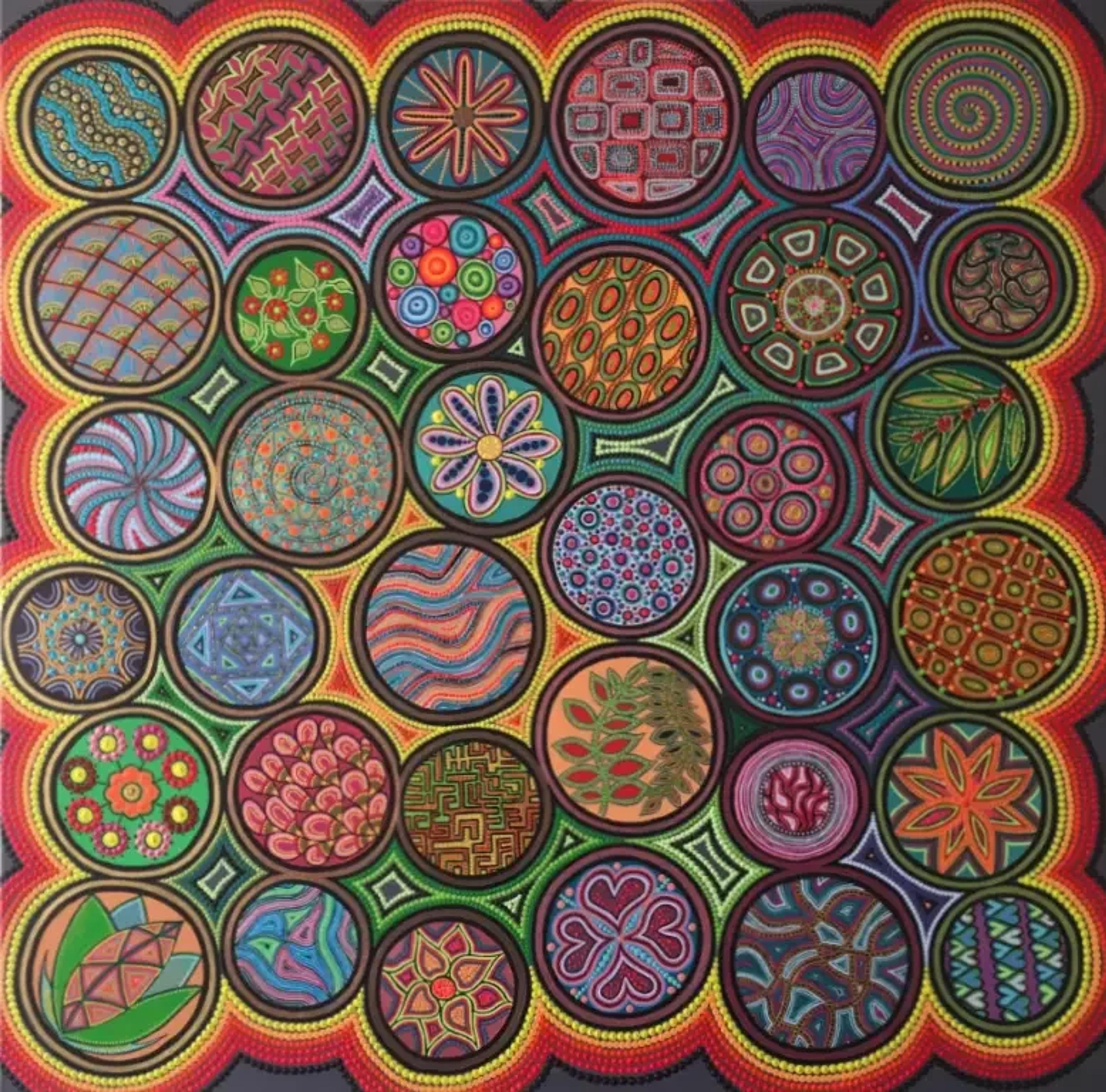Tableau abstrait contemporain de Caroline Pons : une mosaïque éclatante de cercles multicolores, chacun rempli de motifs détaillés réalisés en pointillé. Ambiance vibrante et riche.