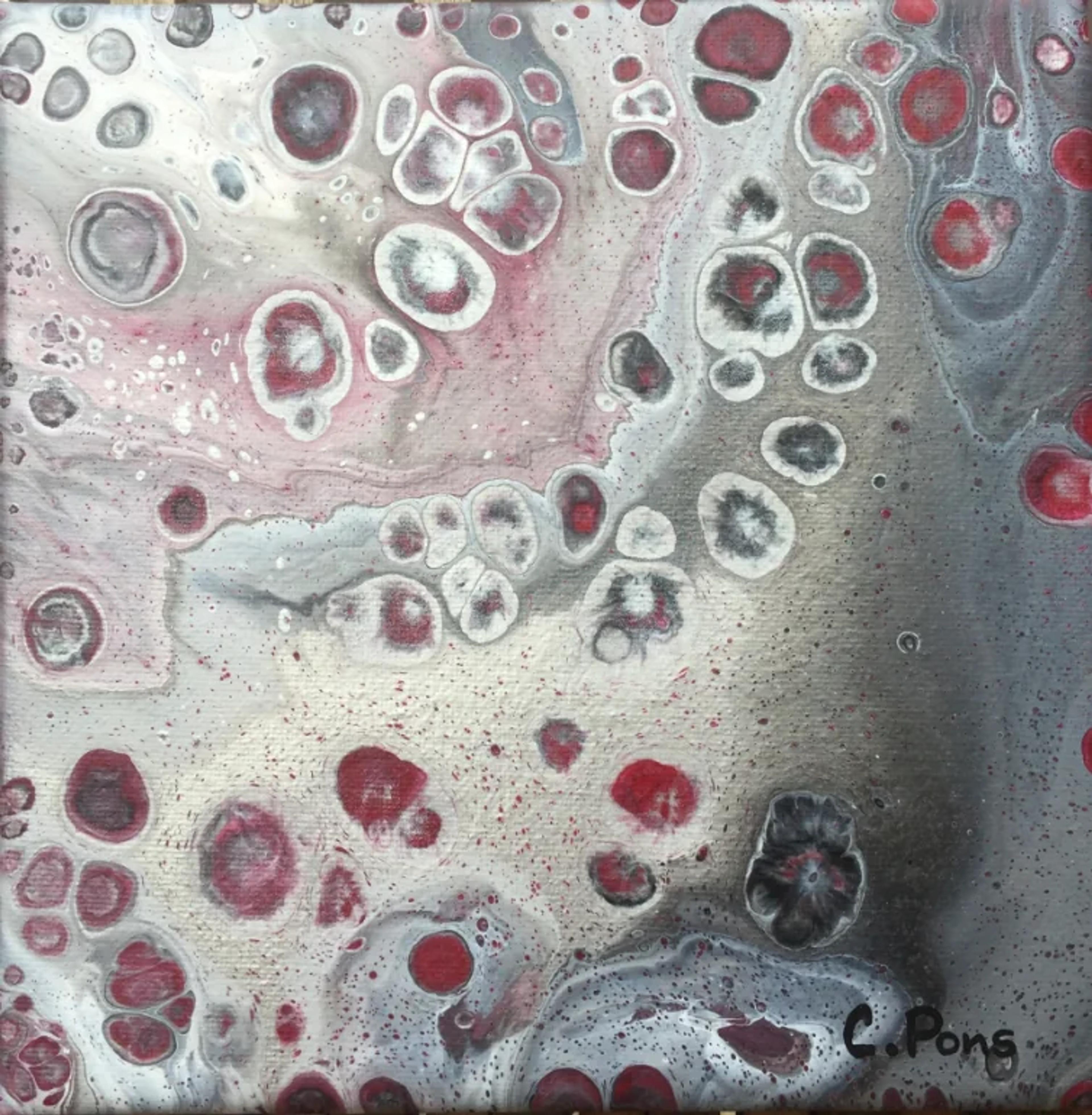 Tableau abstrait contemporain de Caroline Pons, 'Acrylic pouring noir rouge doré', avec des cellules fluides et des points vibrants rouges, noirs et dorés sur fond marbré.