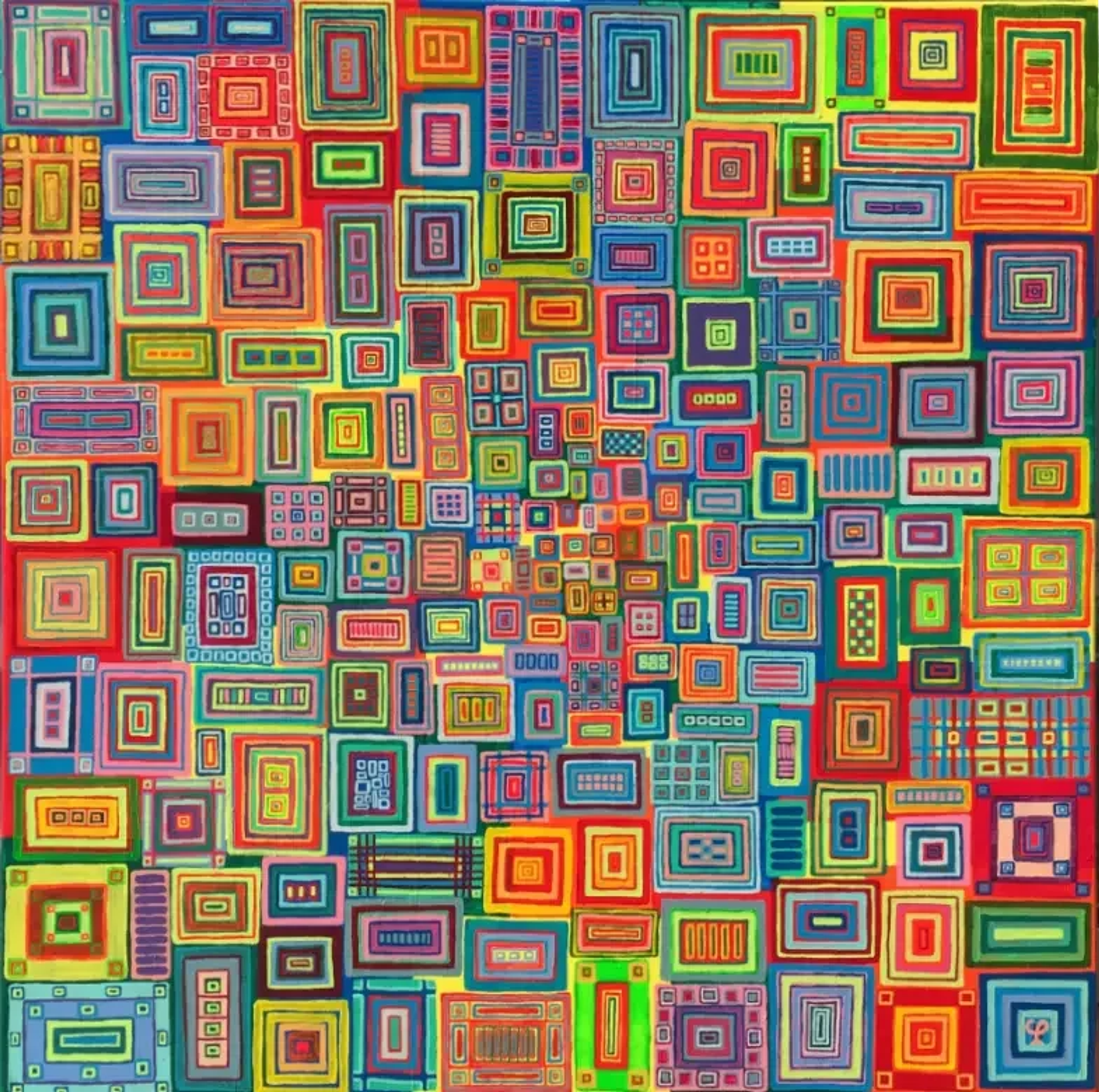 Tableau abstrait contemporain de Caroline Pons, Carrés 3 (Megapole). Mosaïque vibrante de rectangles imbriqués, aux détails pointillistes et couleurs vives, évoquant une mégalopole.