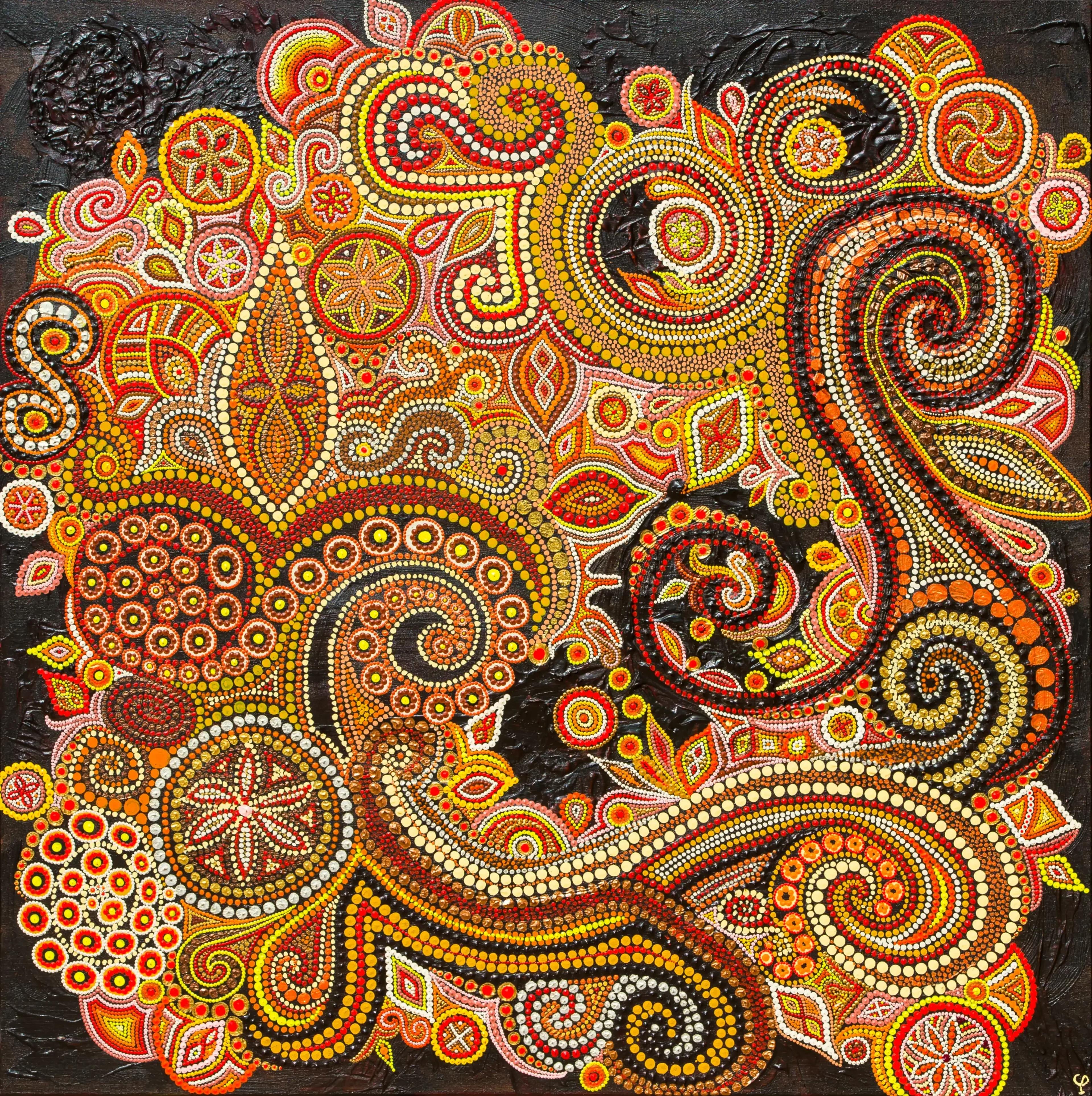Tableau abstrait contemporain de Caroline Pons: Arabesques vibrantes en dot art. Des points rouges, oranges, jaunes et dorés forment motifs floraux et spirales sur fond sombre, créant une ambiance riche et détaillée.