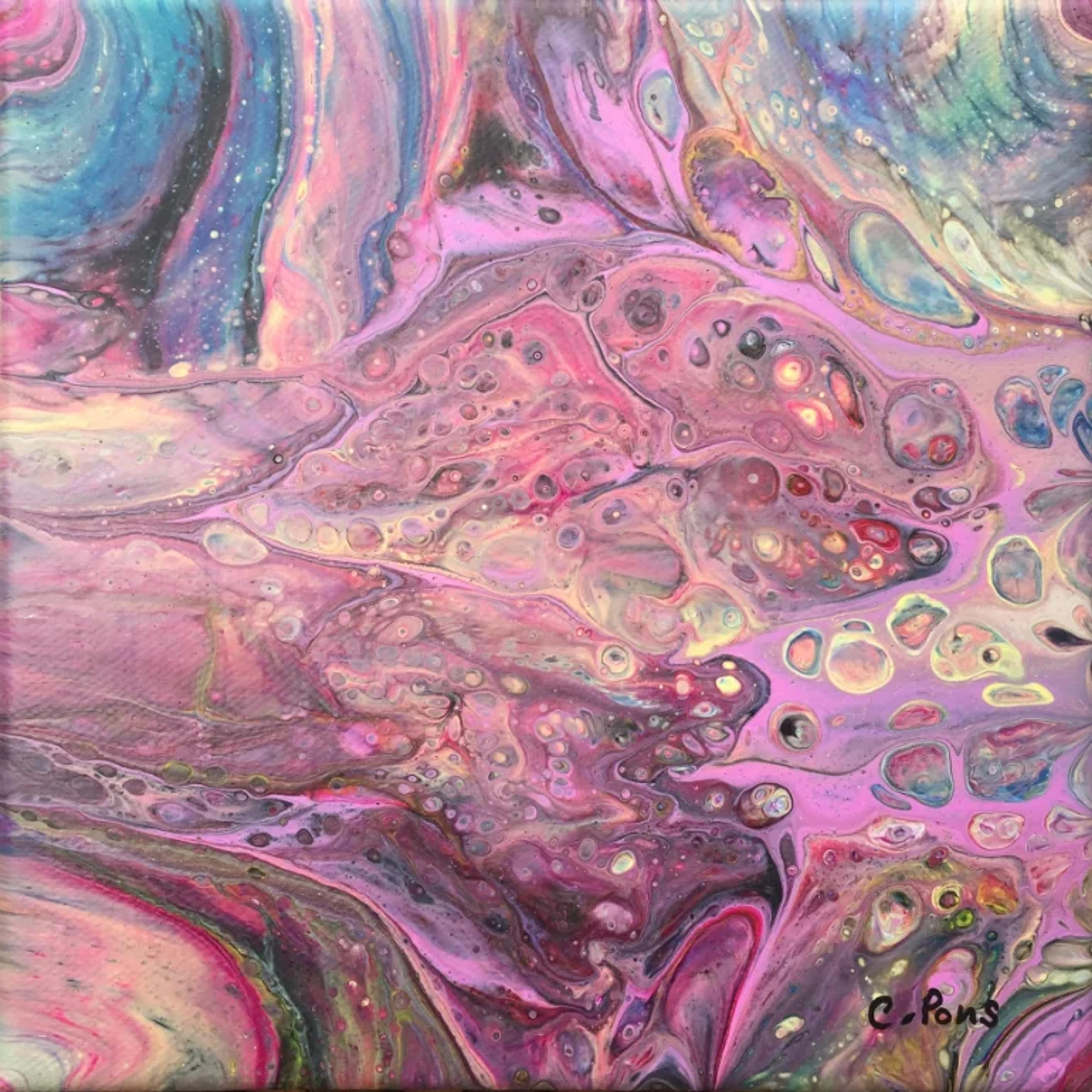 Tableau abstrait contemporain 'Acrylic pouring' par Caroline Pons. Coulées fluides roses, violettes et bleues avec bulles et cellules organiques.