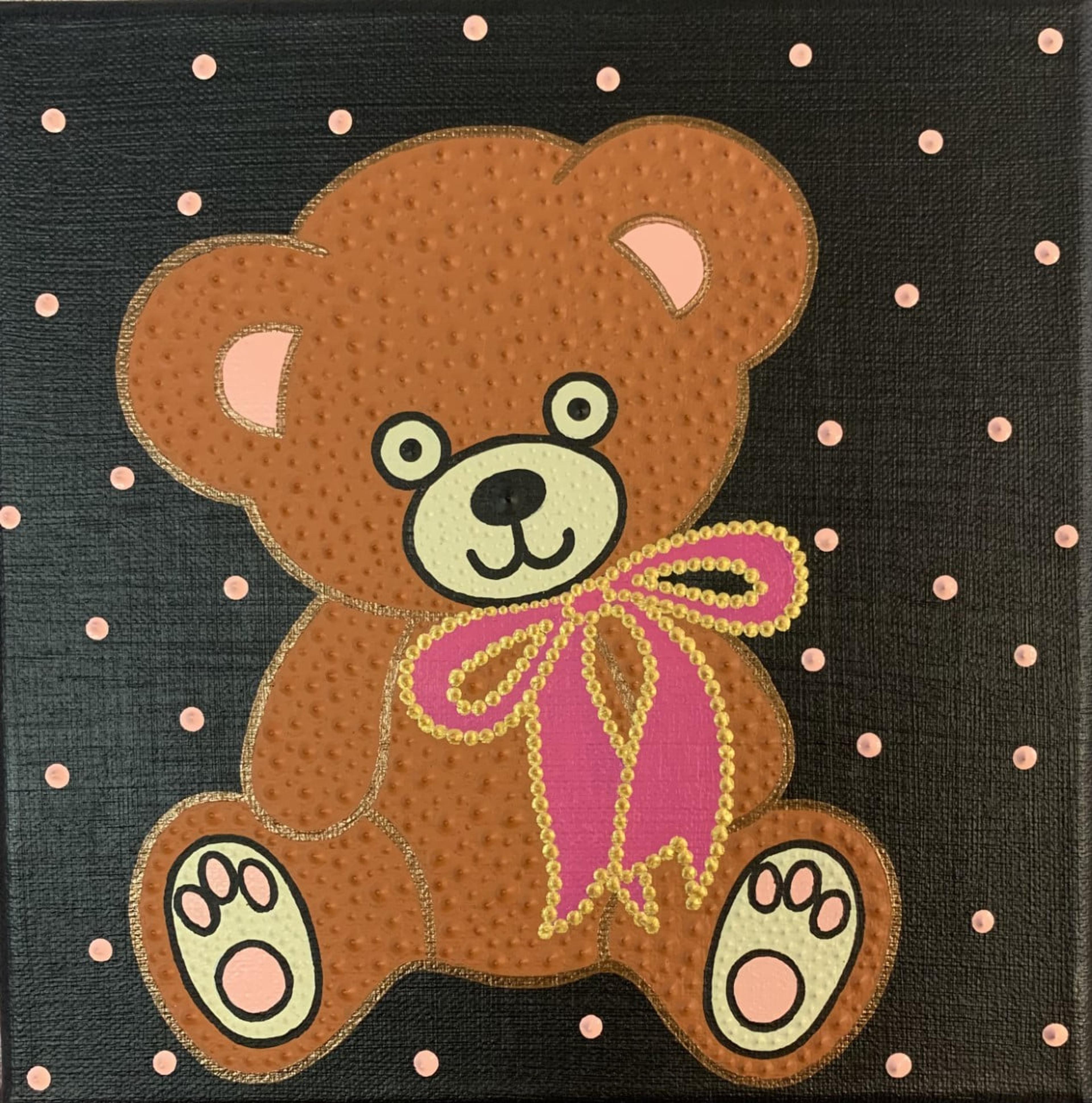 Œuvre originale "Nounours rose Gabrielle" de Caroline Pons. Ours en peluche marron avec nœud rose et contours dorés sur fond noir à points roses. Peinture dot art.