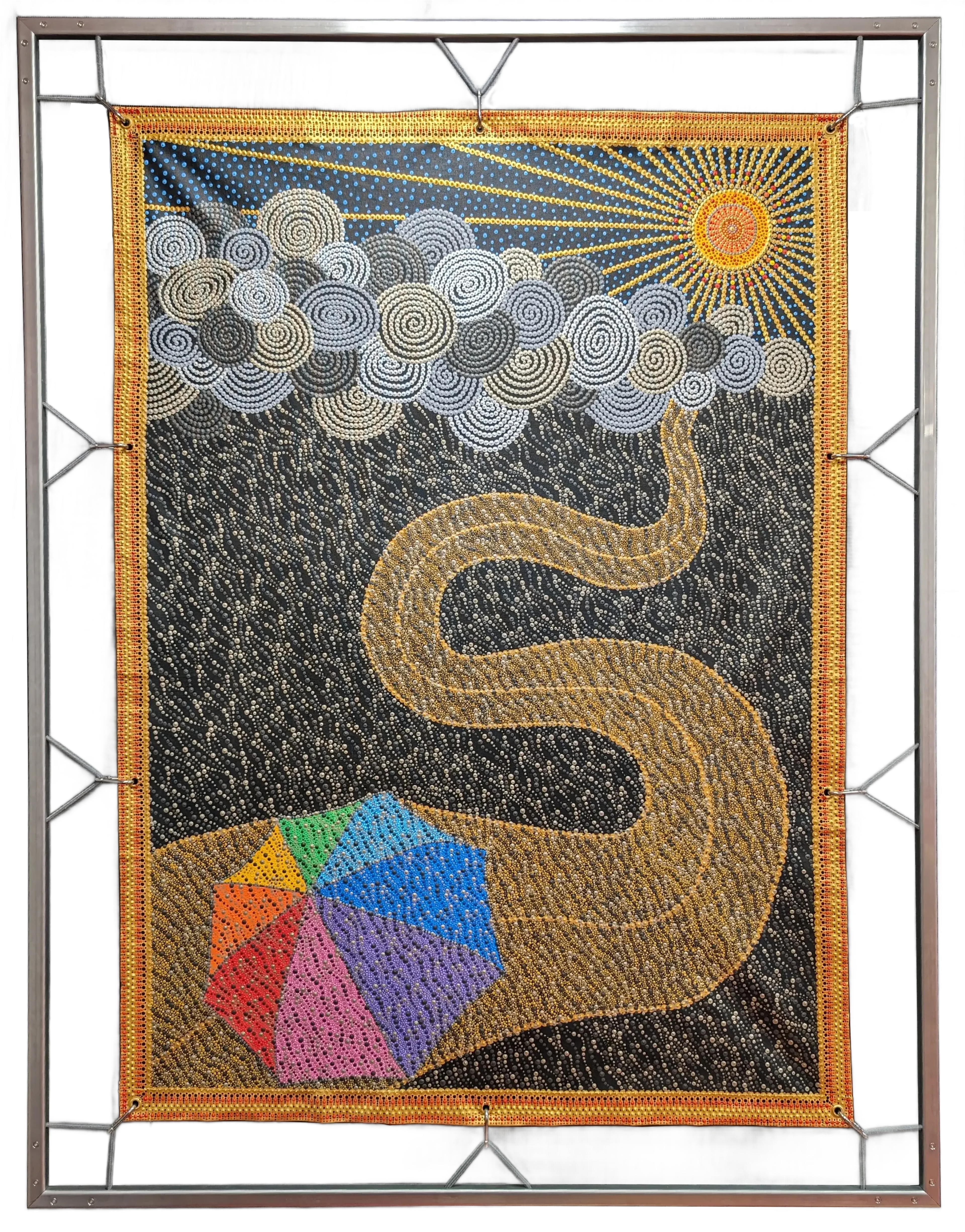 Tableau abstrait contemporain "La résilience" de Caroline Pons, suspendu. Dot art: soleil, nuages tourbillonnants, chemin doré et parapluie arc-en-ciel sur fond noir.