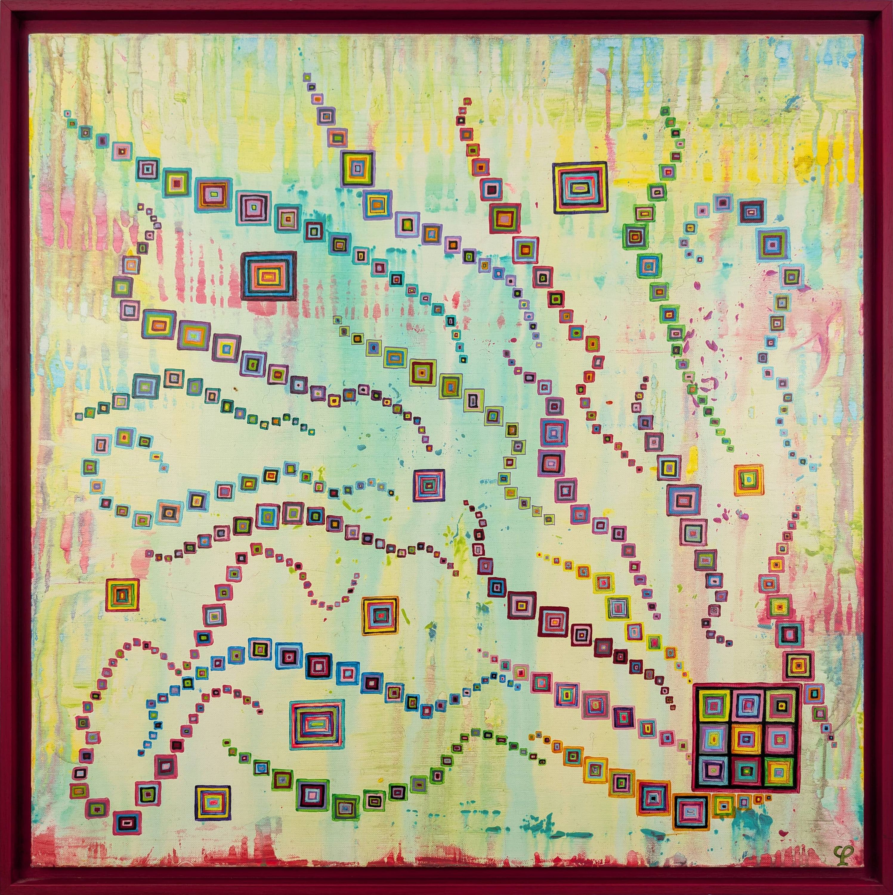 Tableau abstrait contemporain "Pixels en fête" de Caroline Pons. Toile encadrée aux couleurs vibrantes, fond pastel strié. Carrés pixelisés multicolores en cascades dynamiques créent une ambiance joyeuse.
