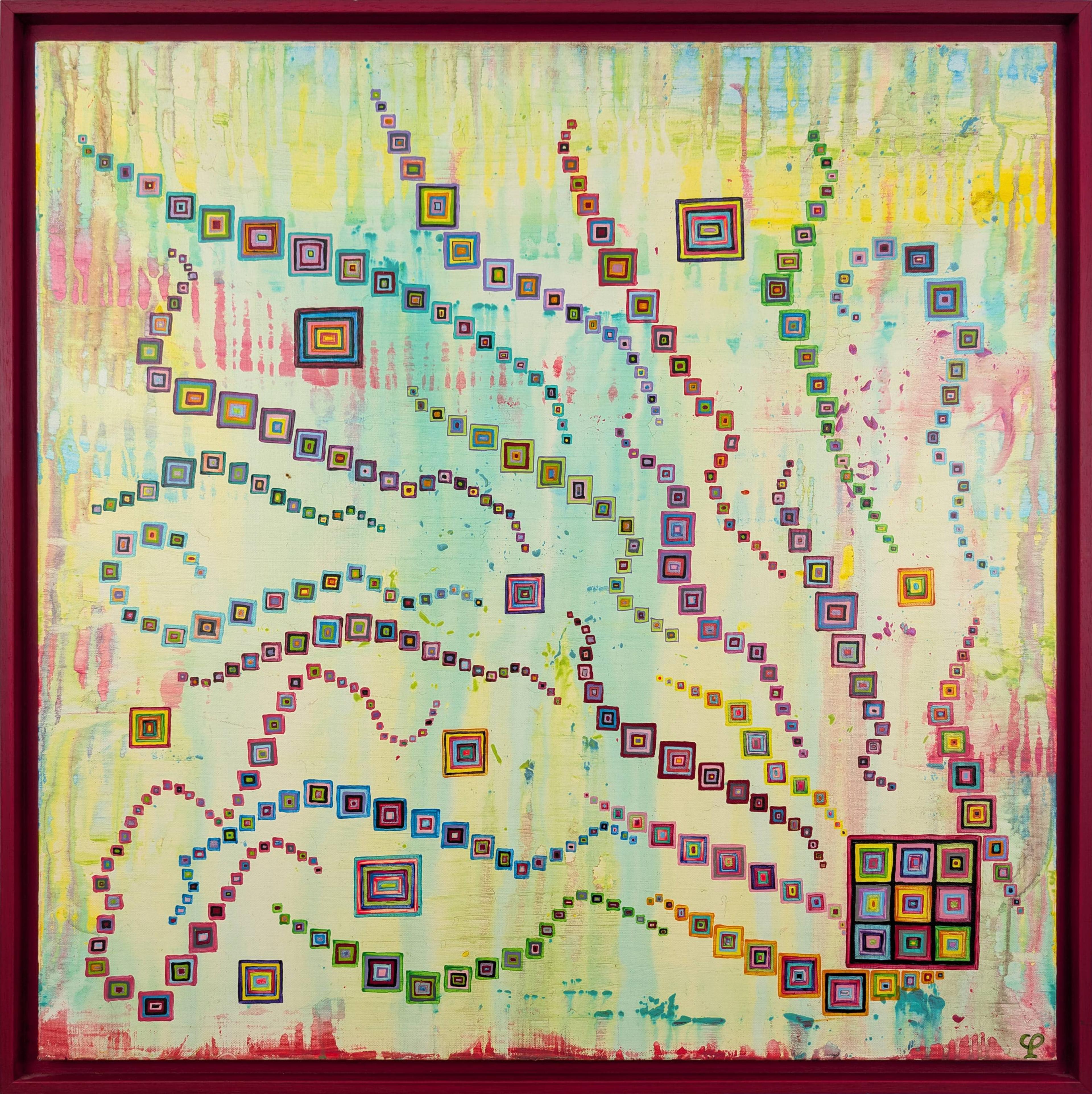 Tableau abstrait contemporain "Pixels en fête" de Caroline Pons. Toile encadrée aux couleurs vibrantes, fond pastel strié. Carrés pixelisés multicolores en cascades dynamiques créent une ambiance joyeuse.
