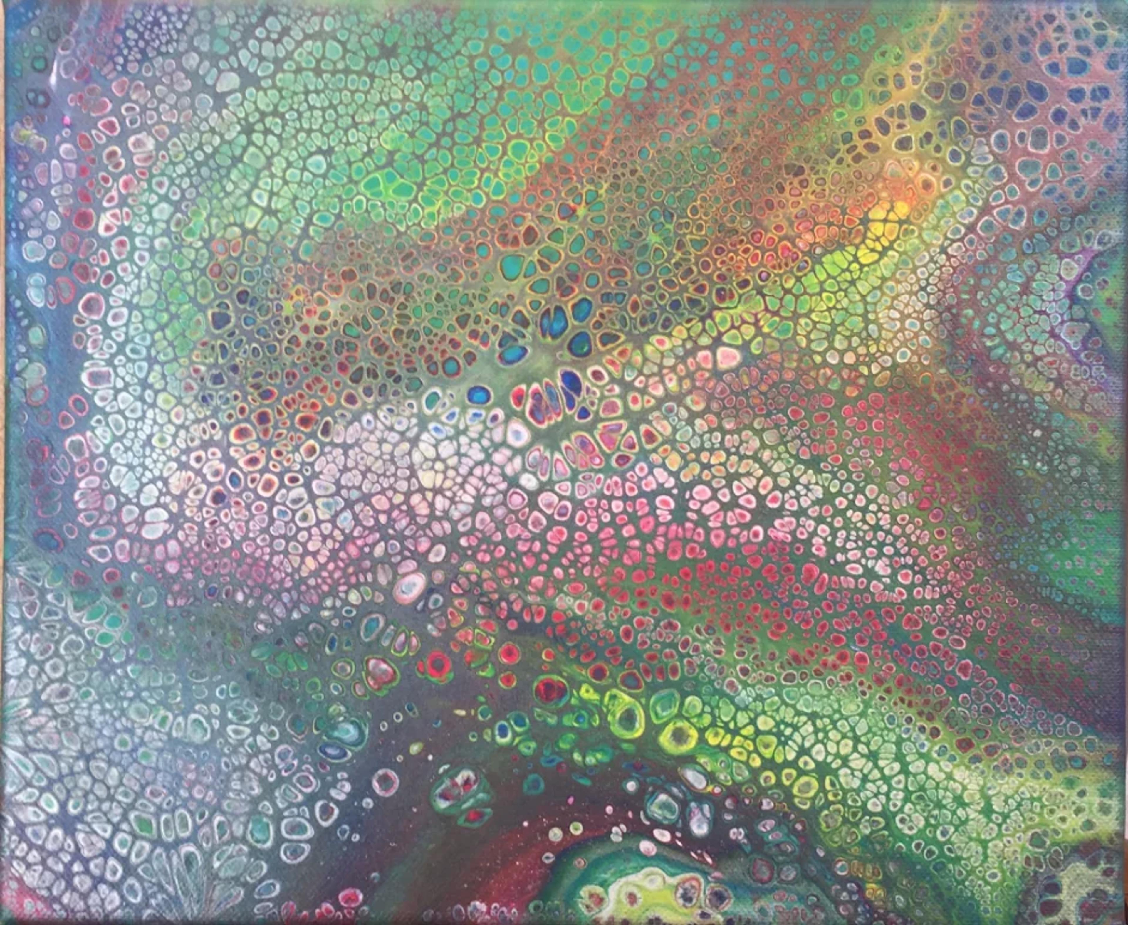 Tableau abstrait contemporain de Caroline Pons. Œuvre vibrante multicolore aux formes cellulaires et organiques en pouring acrylique. Vert, rose, bleu, blanc.