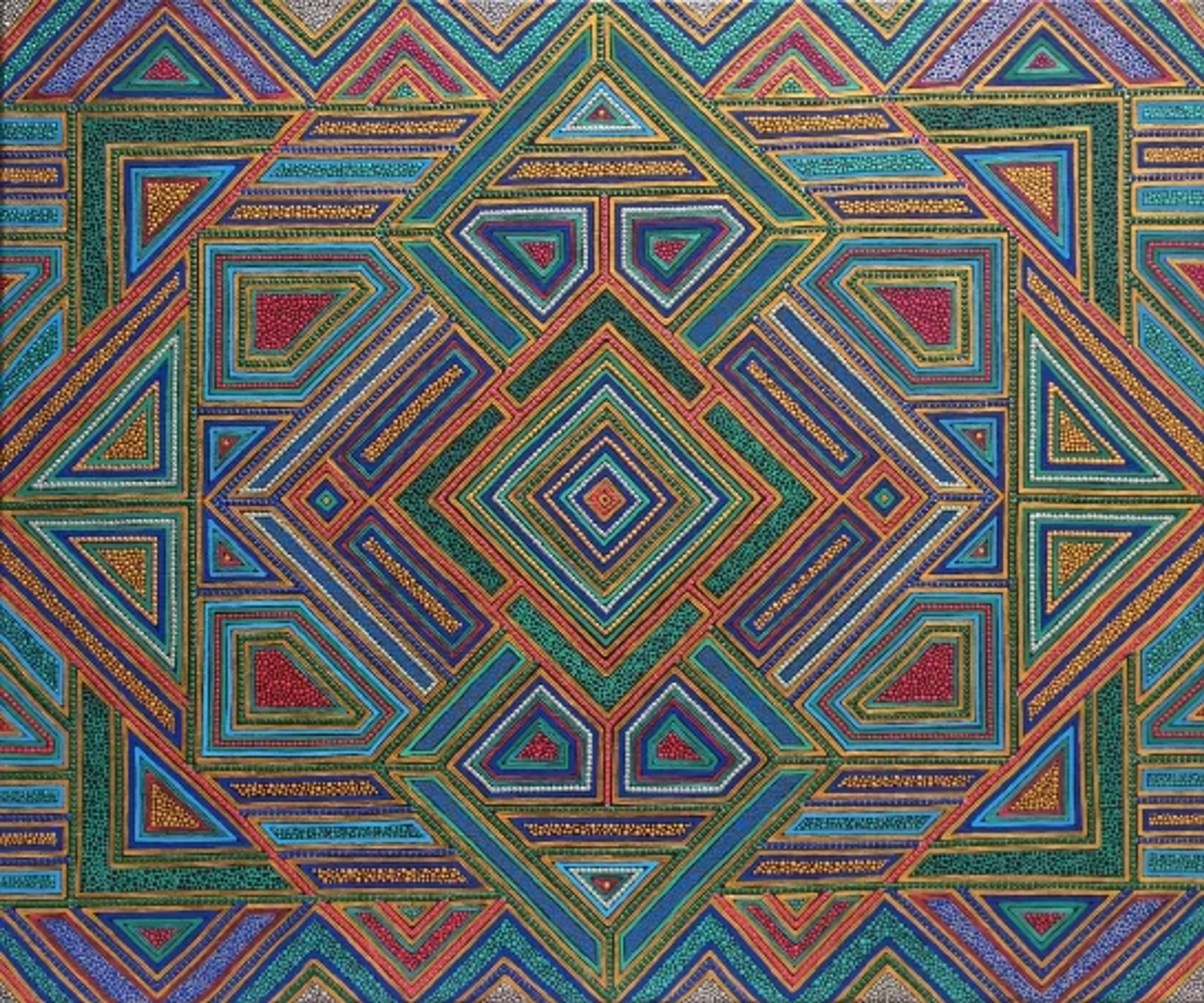 Tableau abstrait contemporain de Caroline Pons, aux motifs géométriques complexes et vibrants. Des losanges et triangles multicolores se déploient en points bleus, verts, rouges, oranges.