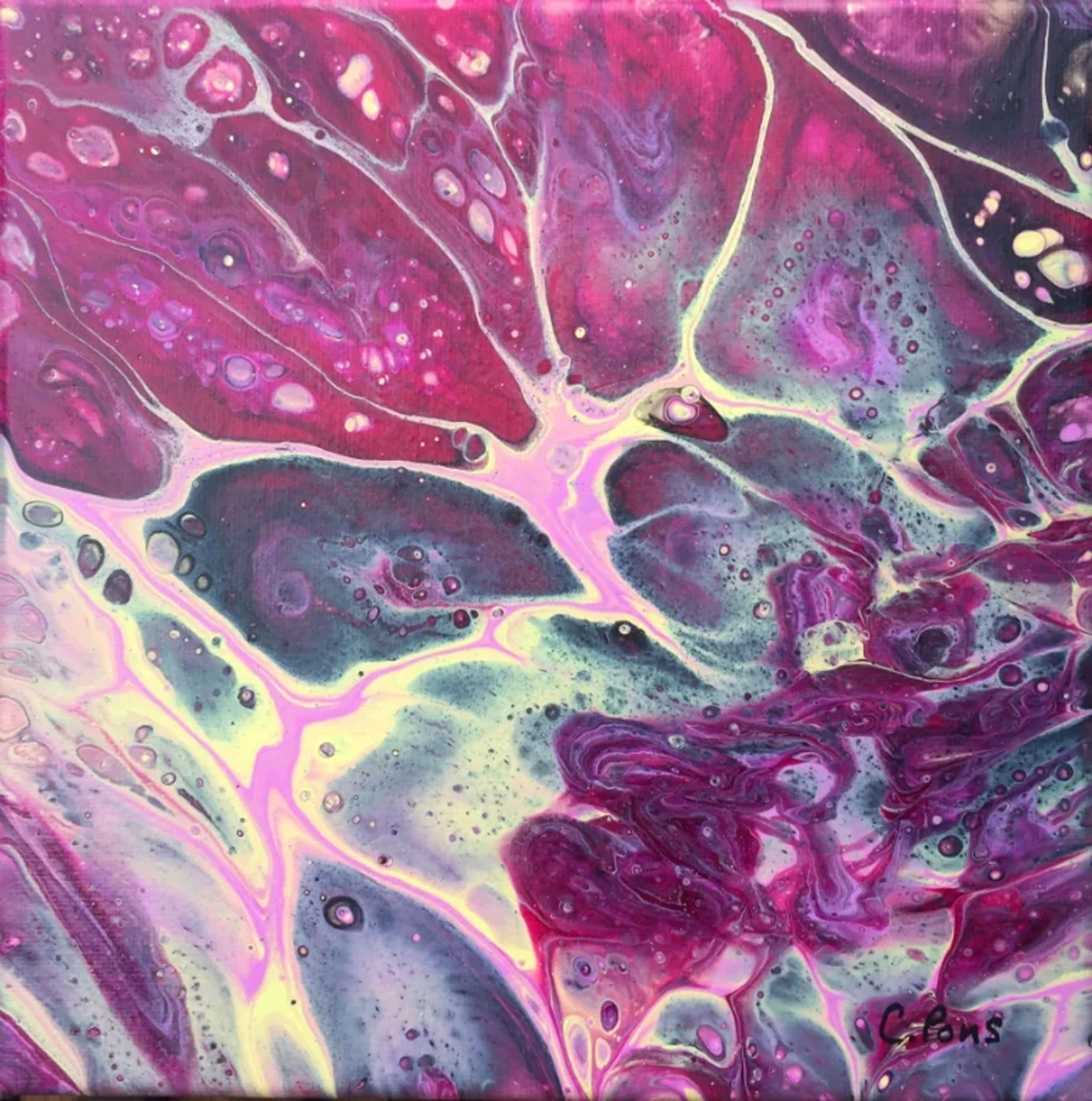 Tableau abstrait contemporain de Caroline Pons, art fluide en prune, noir et jaune pâle. Composition organique aux formes cellulaires et lignes roses vibrantes, évoquant l'énergie.