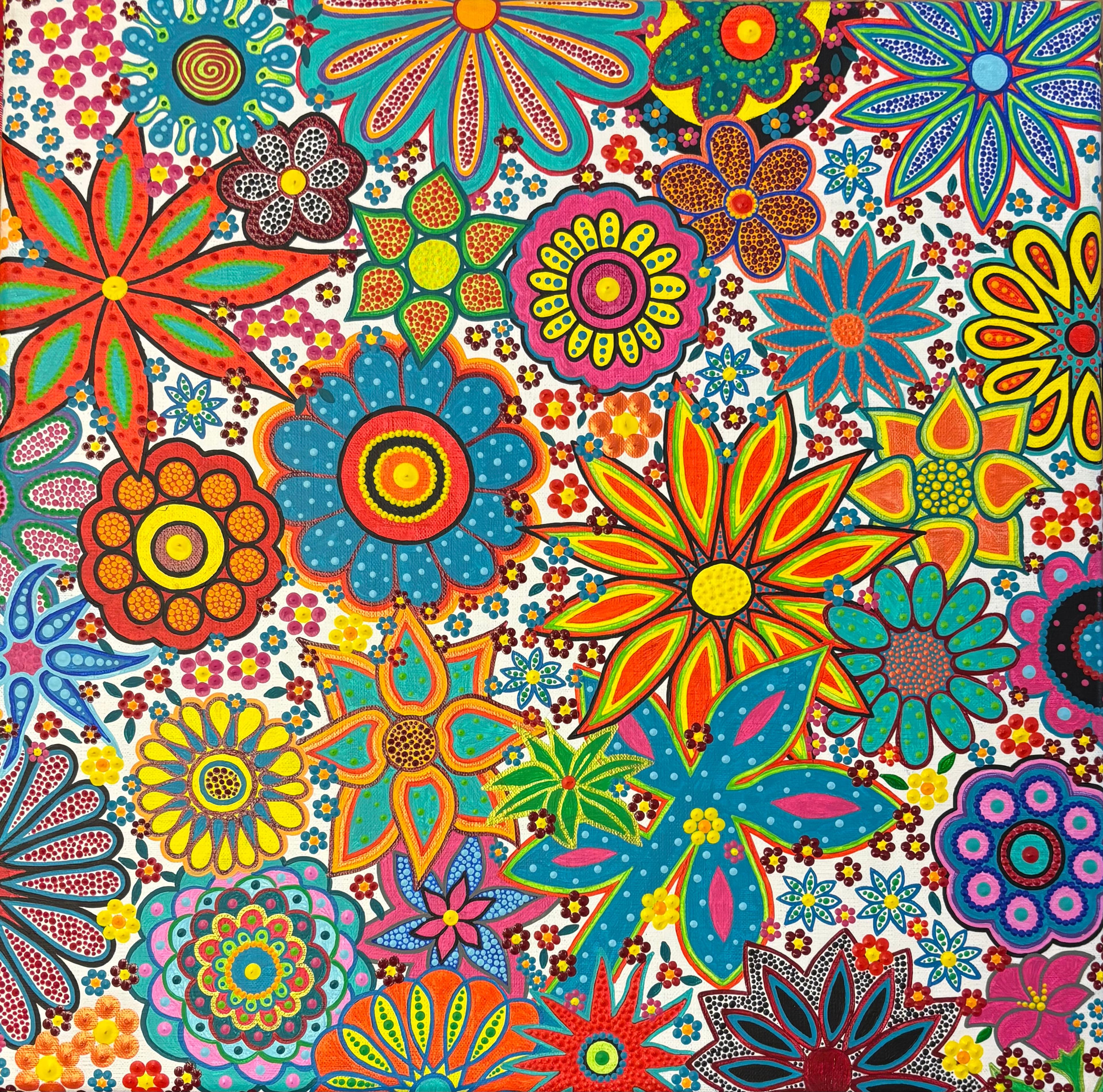 Explosion florale de Caroline Pons, un tableau abstrait contemporain. Une toile vibrante de fleurs stylisées multicolores en pointillisme, pleine de vie.