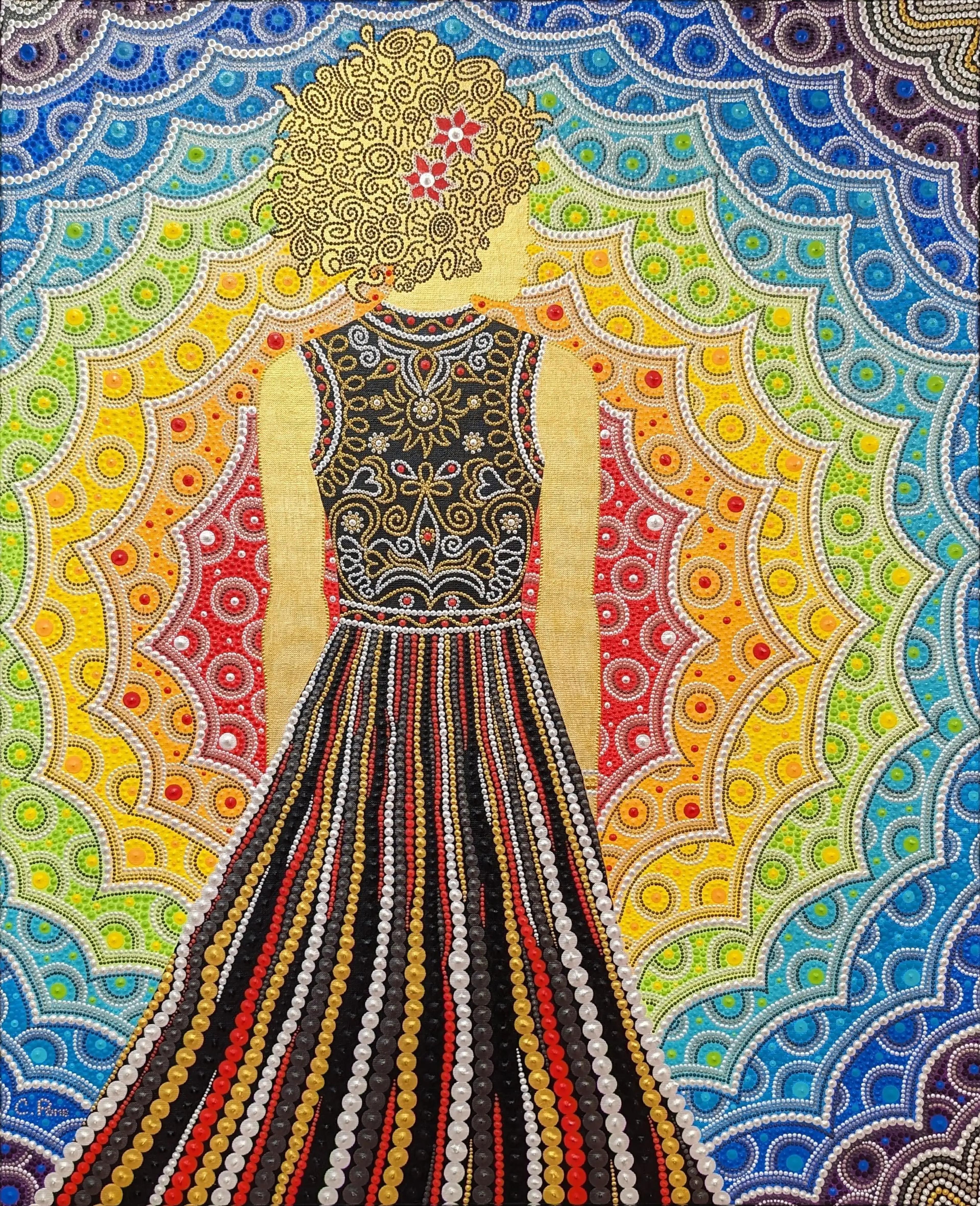 « Sérénité », tableau abstrait contemporain de Caroline Pons. Figure féminine en robe à motifs pointillistes noirs, or, rouge sur un mandala arc-en-ciel. Détails riches, couleurs éclatantes.