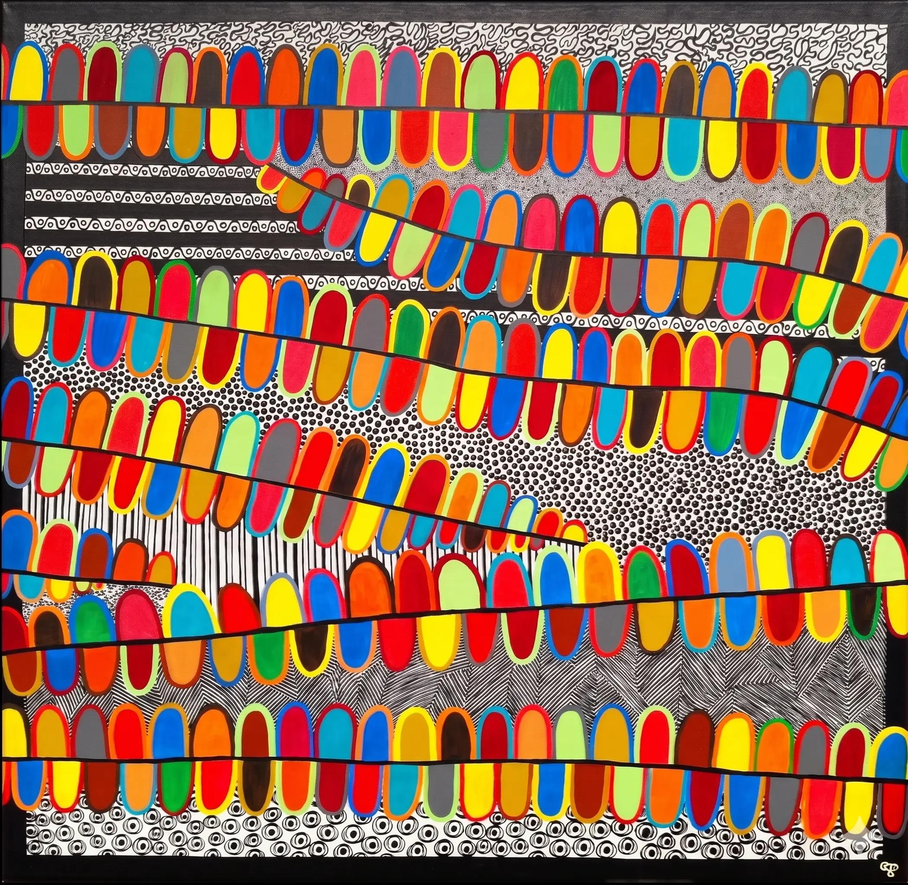 Art aborigène contemporain de Caroline Pons, 'Fougères'. Œuvre originale vibrante mêlant formes organiques multicolores et motifs de pointillisme noir et blanc pour une ambiance dynamique.