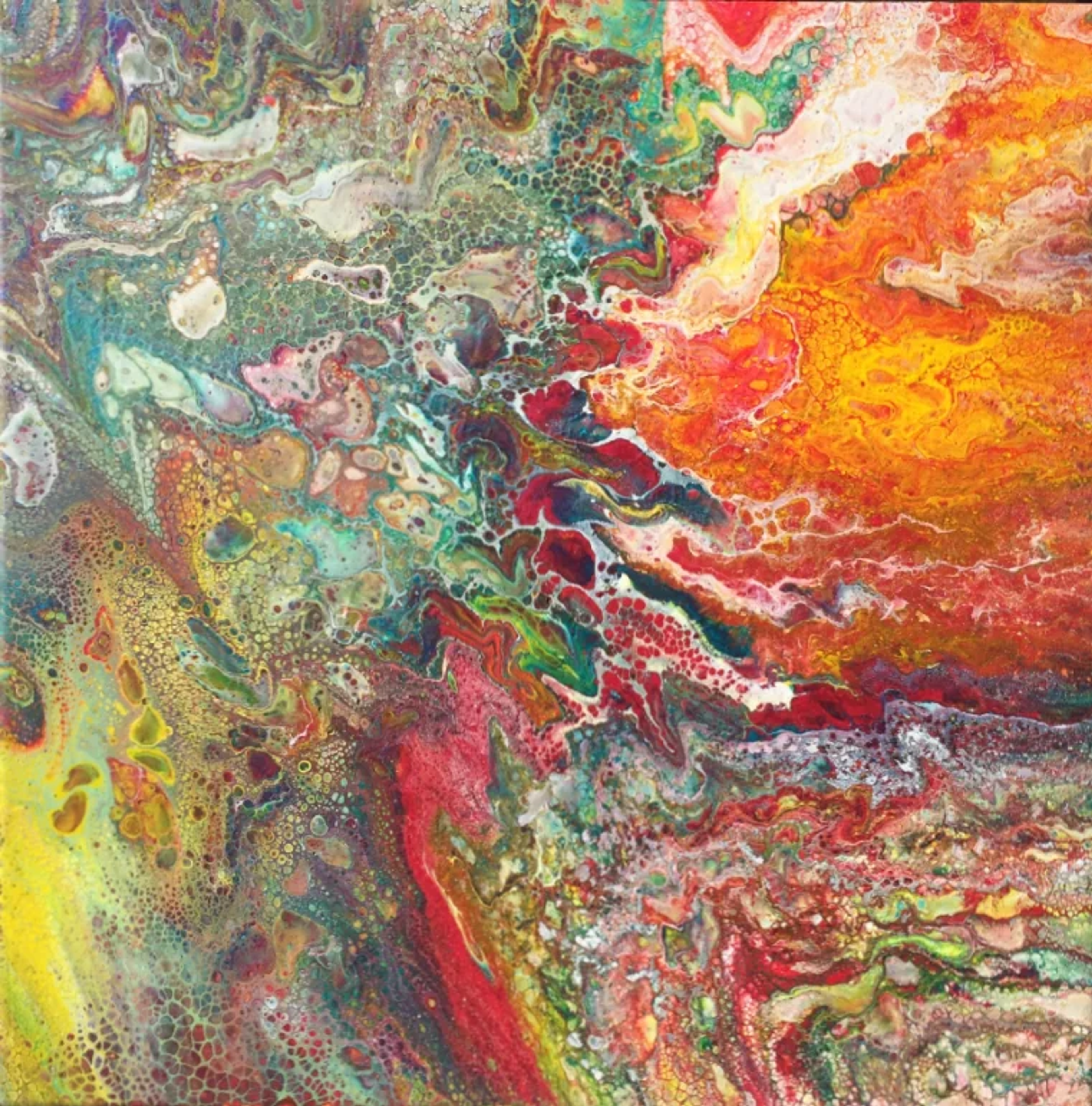 Caroline Pons révèle ce tableau abstrait contemporain 'rouge et vert'. Des formes fluides et des effets de points vifs en pouring acrylique créent une ambiance chromatique vibrante.