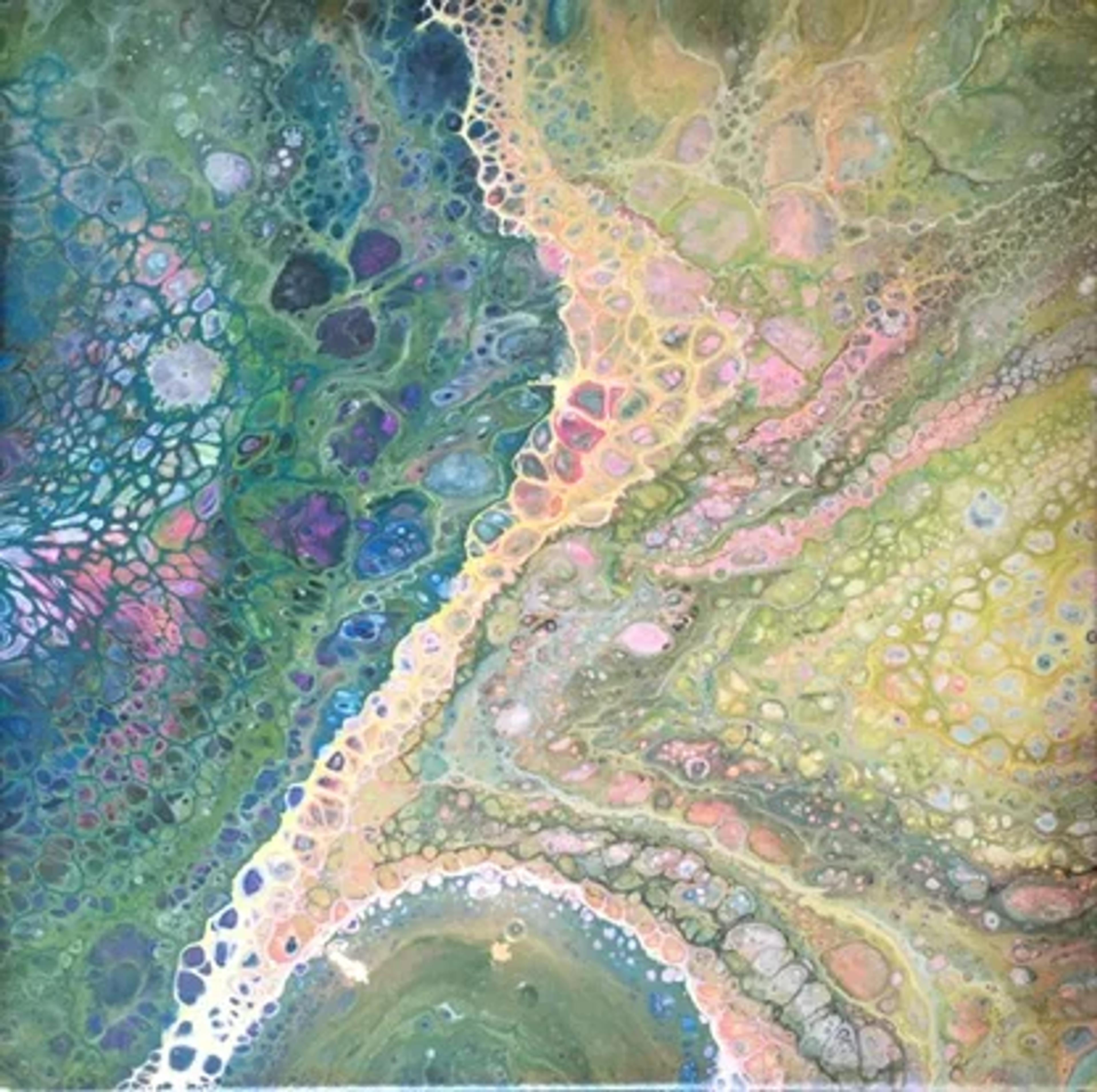 Tableau abstrait contemporain de Caroline Pons: Acrylic pouring dynamique jaune, vert, bleu et rose, révélant des cellules et formes organiques fluides.