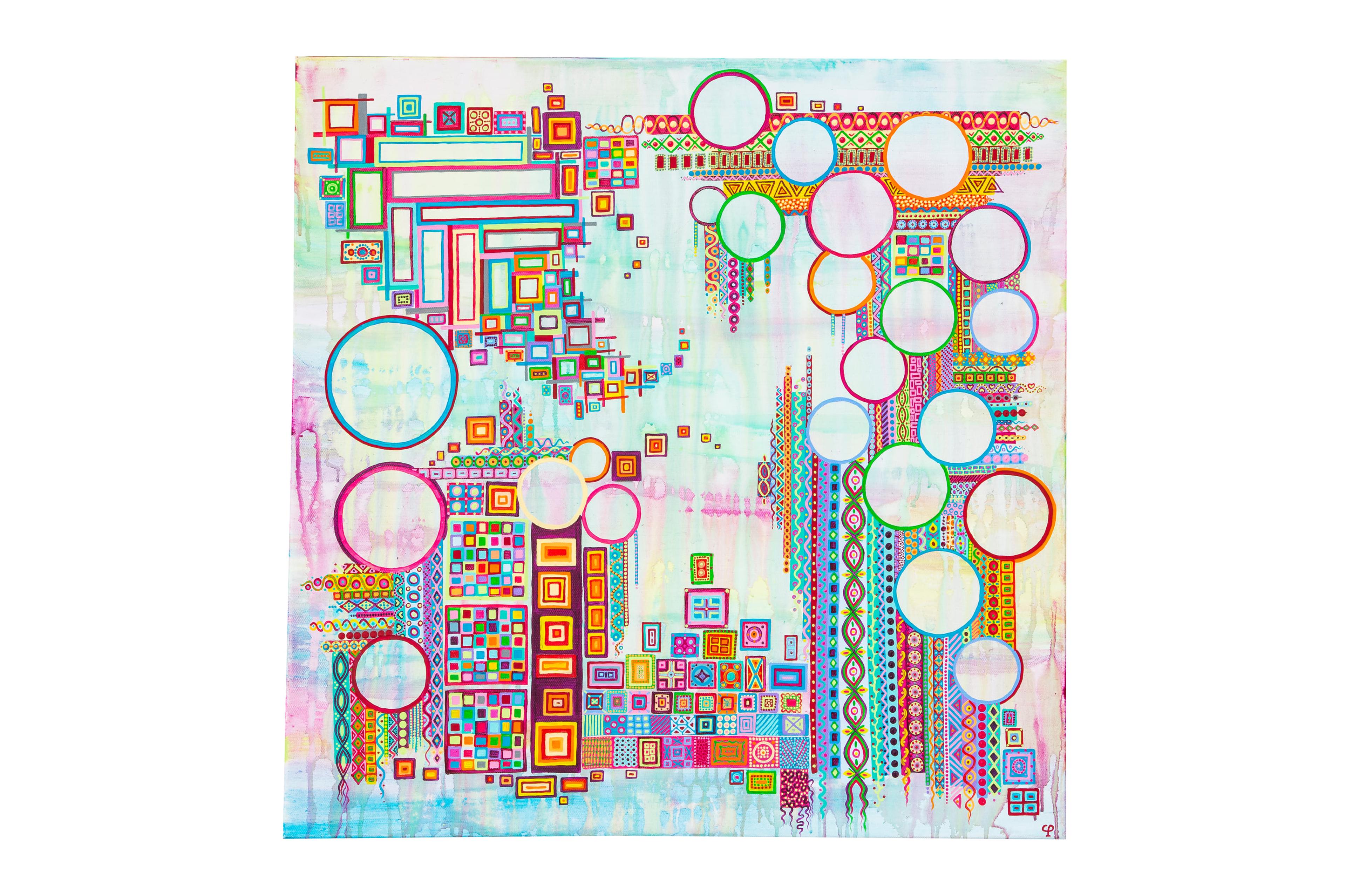 « Un ange sur la ville » de Caroline Pons : une œuvre d'art aborigène contemporain. Couleurs vives, formes géométriques complexes et dot art créent une ambiance urbaine abstraite et vibrante.