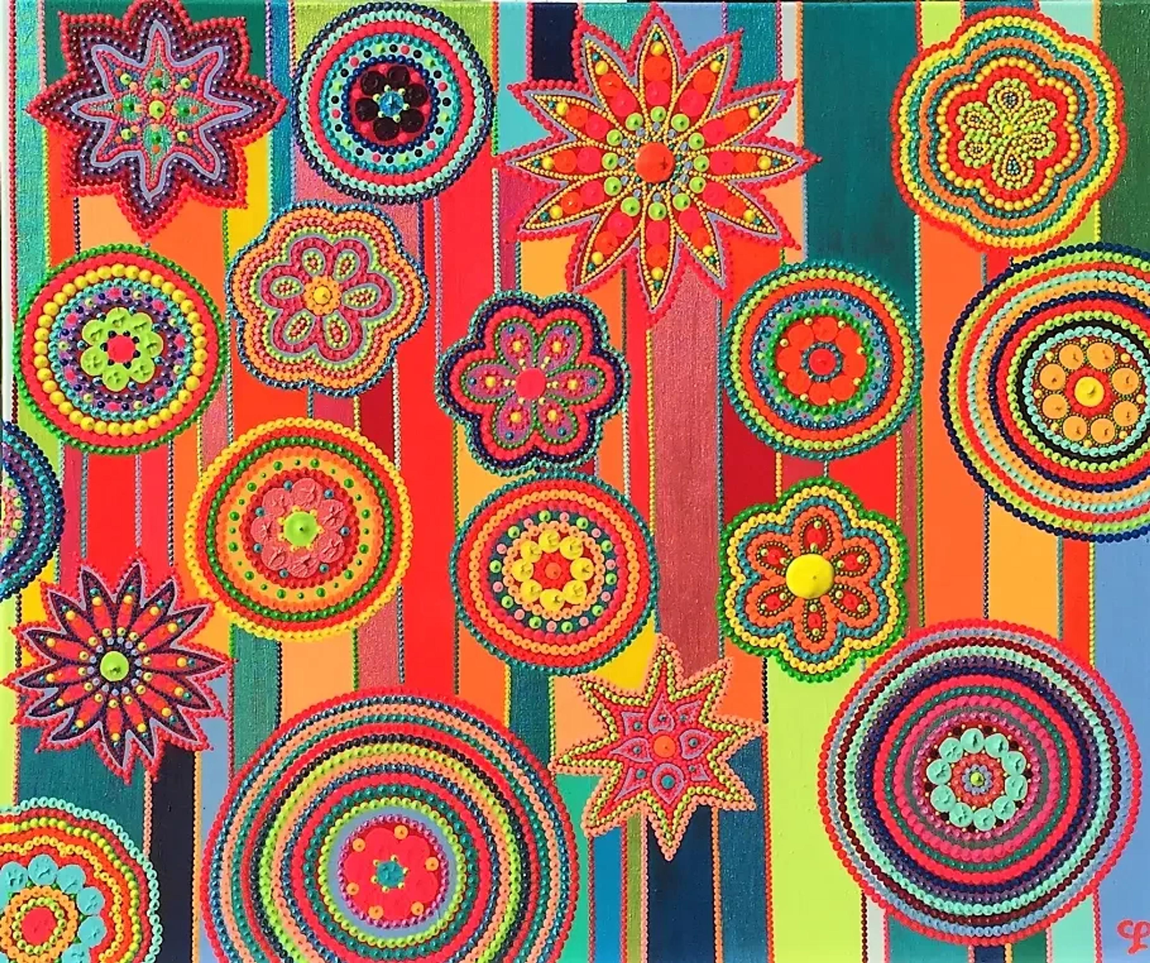 Caroline Pons: Tableau abstrait contemporain "Rideau de Fleurs". Motifs floraux et cercles éclatants en pointillisme, couleurs vives (rouge, orange, vert, bleu) sur fond rayé. Ambiance joyeuse, texture riche.