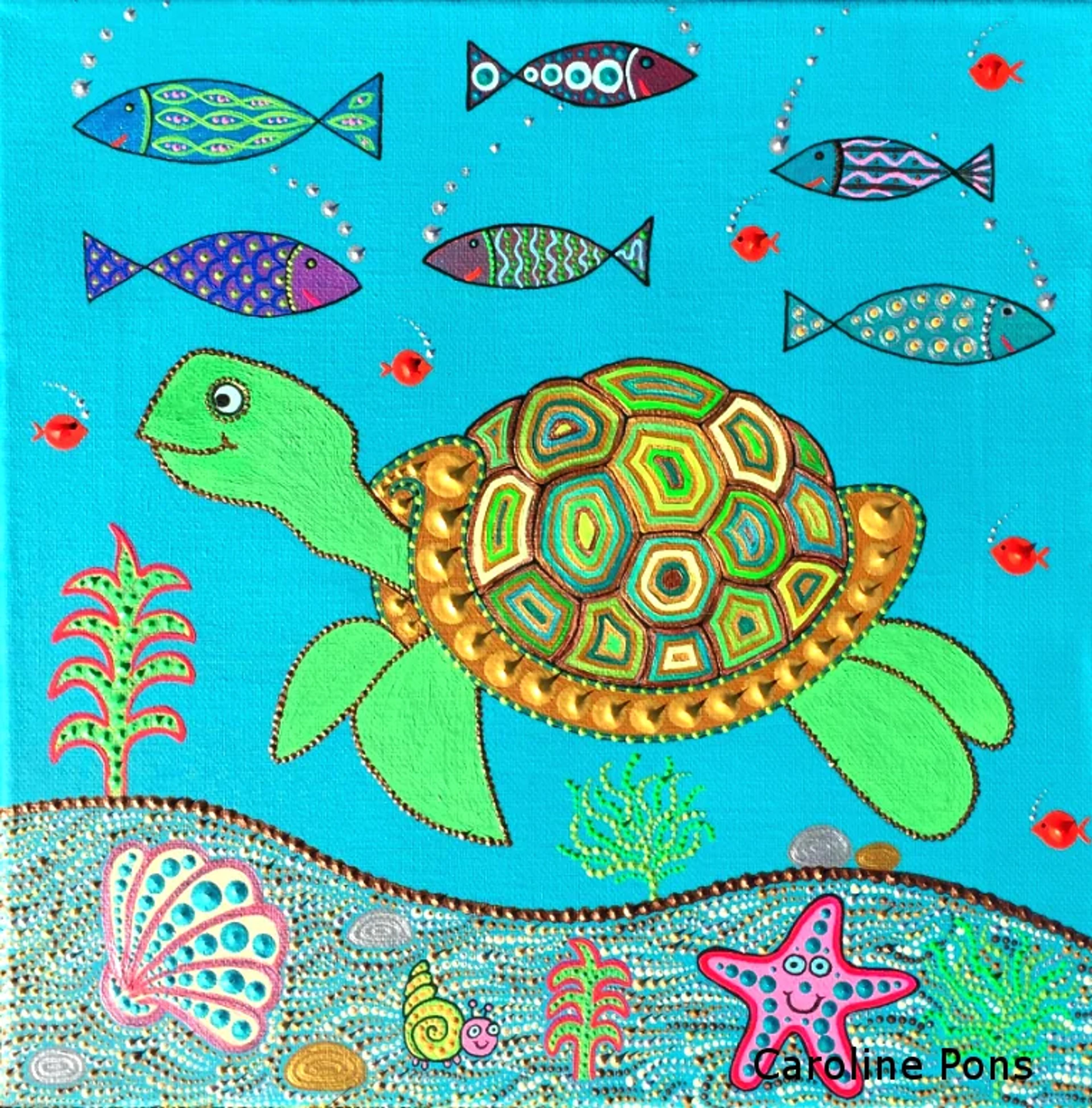 Œuvre originale 'Tortue de mer Maxime' par Caroline Pons: tortue marine souriante en points colorés, nageant dans un océan turquoise avec poissons, coquillages et étoile de mer ludiques.