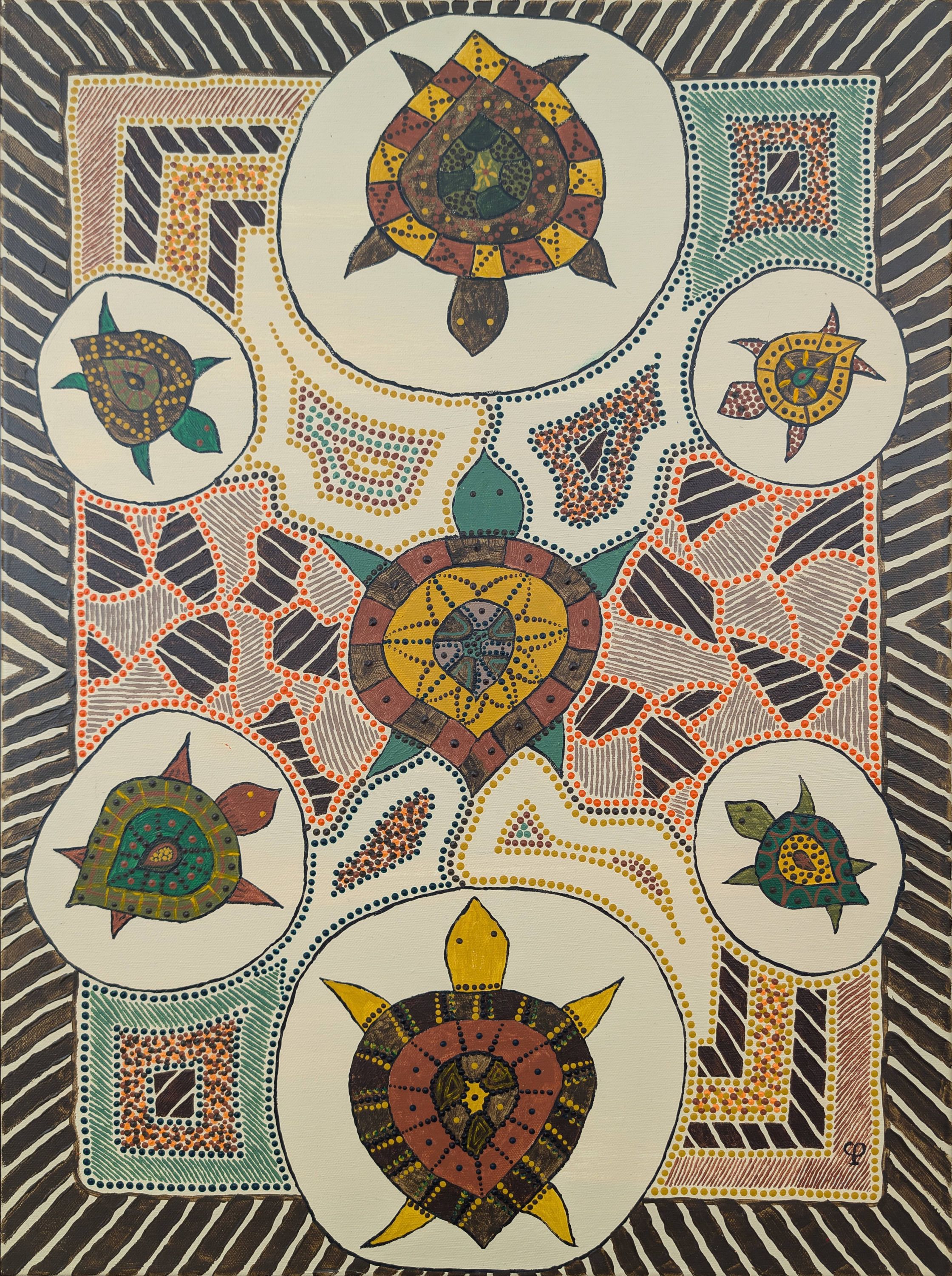 Art aborigène contemporain “Les tortues” par Caroline Pons. Toile acrylique aux tons terreux, 8 tortues stylisées avec des motifs de points et formes géométriques.