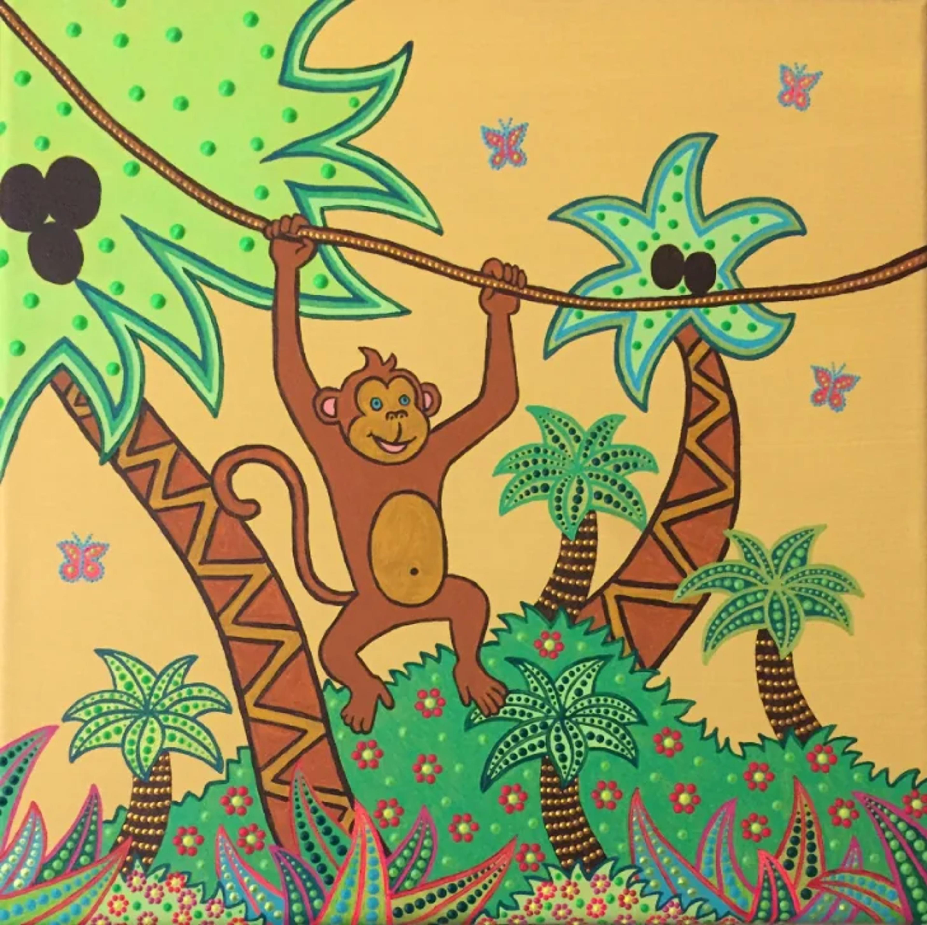 Singe Anna, œuvre originale de Caroline Pons : Toile acrylique vibrante d'un singe joyeux sur liane, palmiers et feuillage jungle en points colorés. Ambiance tropicale.