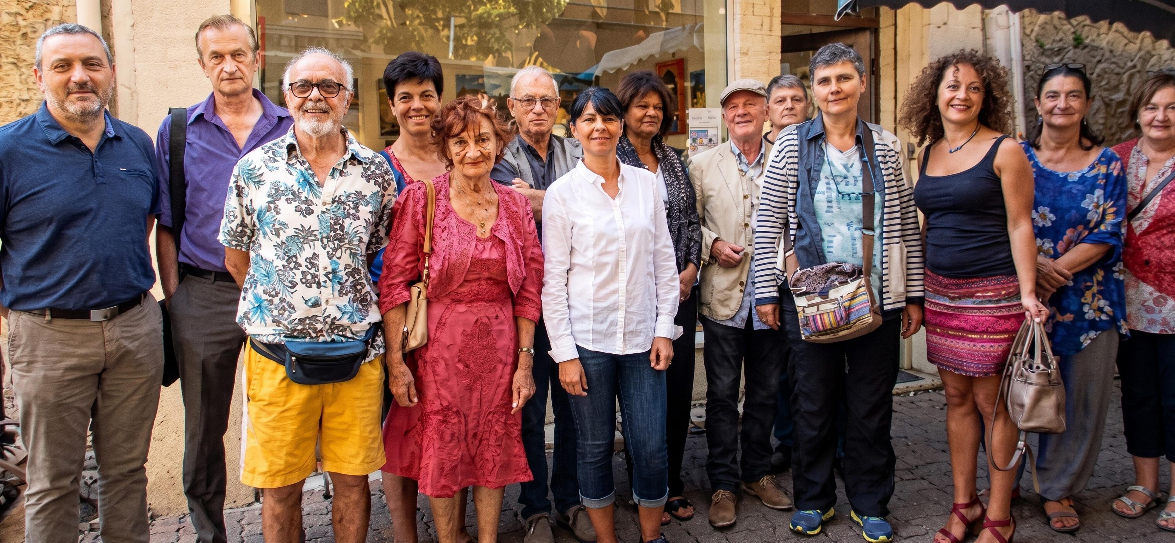 The eleven artists of the anniversary show outside the shop