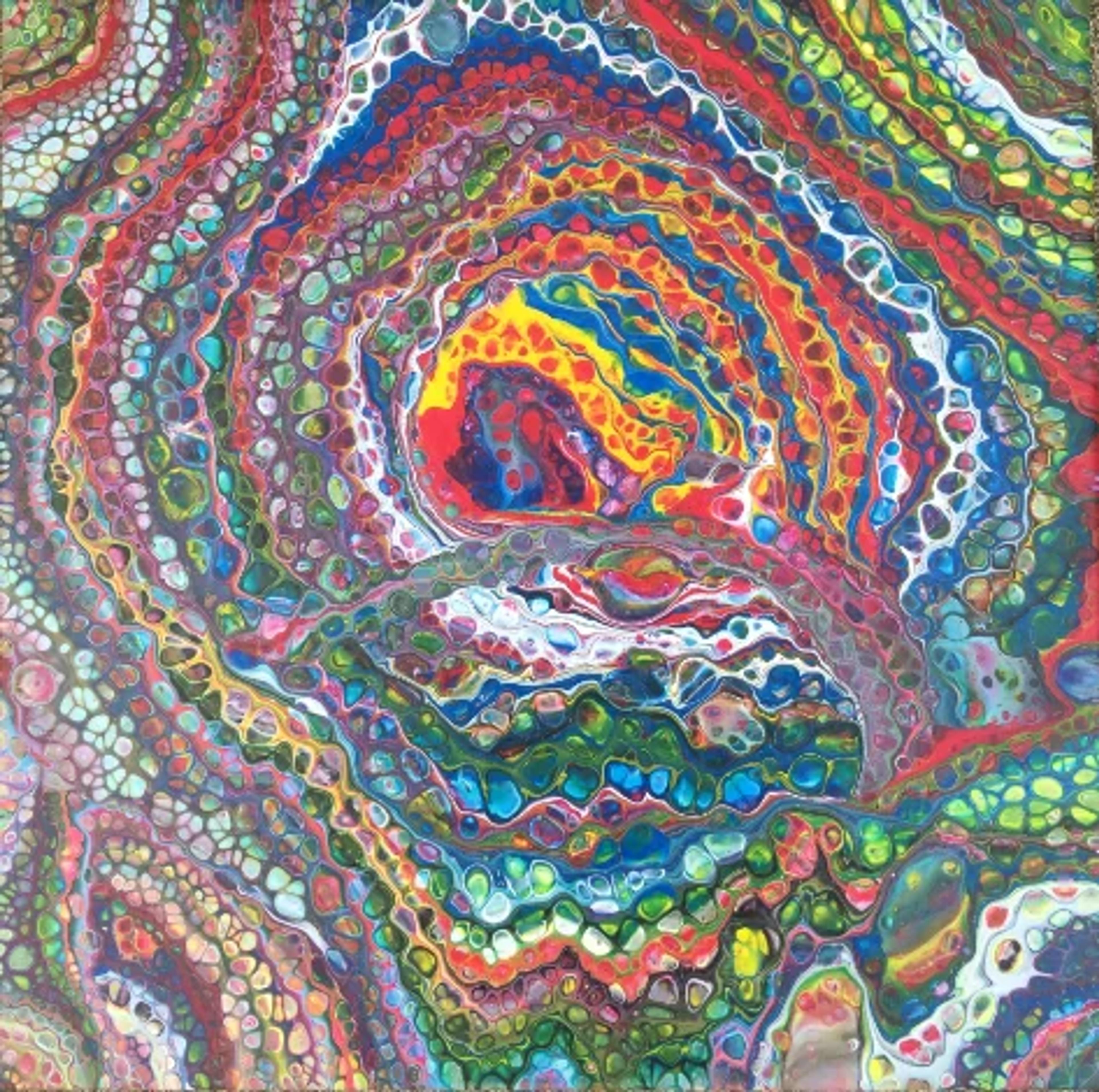Tableau abstrait contemporain de Caroline Pons. Œuvre vibrante de "tourbillon primaire" avec des motifs cellulaires et couleurs intenses rouge, bleu, jaune et vert.