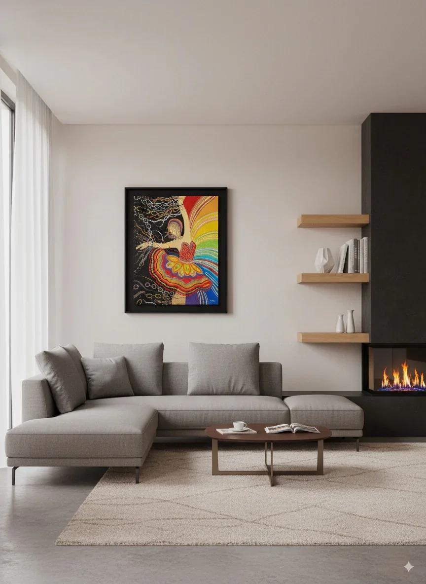 L'Art mural unique “Libération (Living Room 2)” de Caroline Pons, figure vibrante en points colorés sur fond noir avec une palette arc-en-ciel, affiché dans un salon moderne.