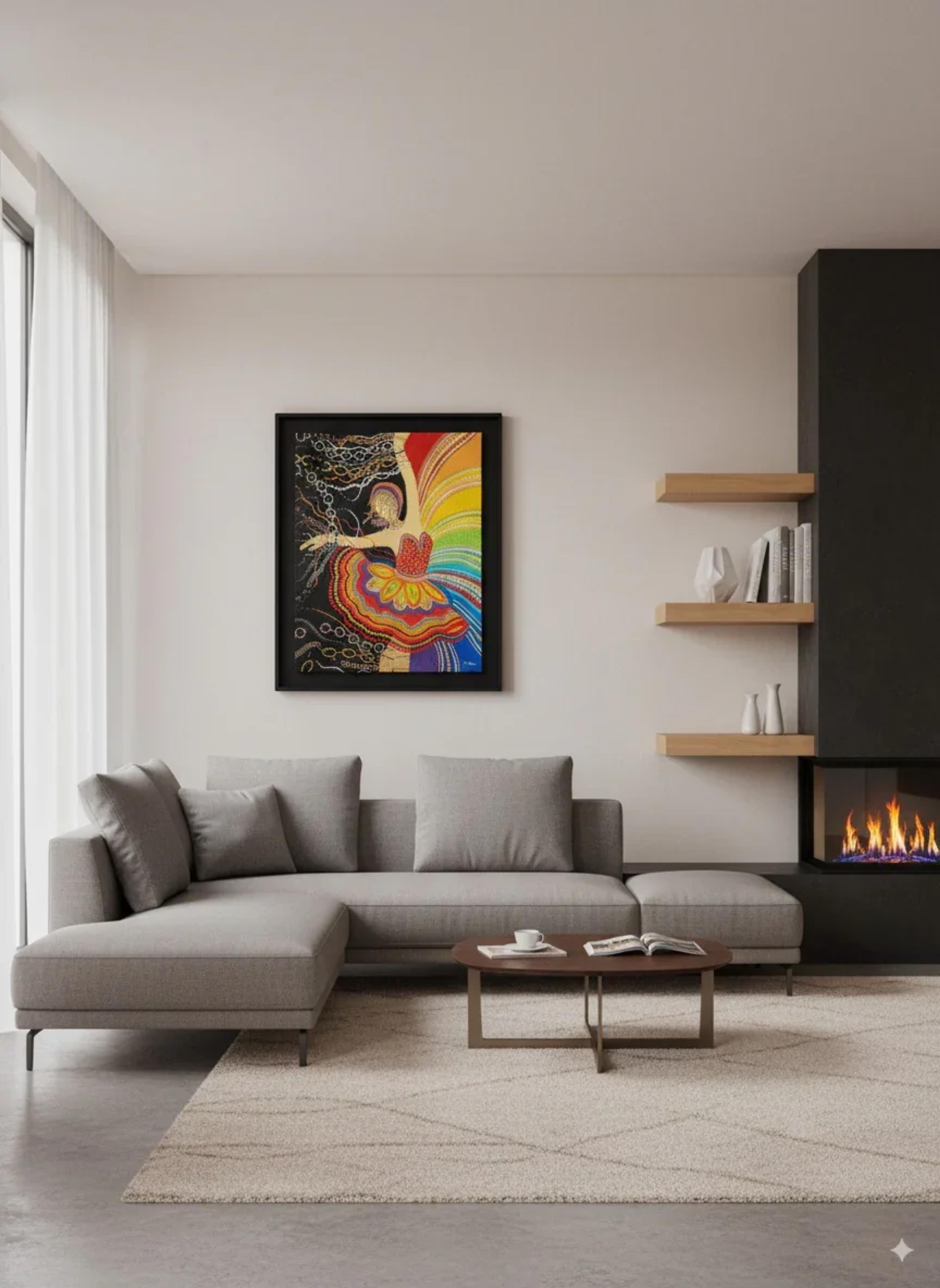 L'Art mural unique “Libération (Living Room 2)” de Caroline Pons, figure vibrante en points colorés sur fond noir avec une palette arc-en-ciel, affiché dans un salon moderne.