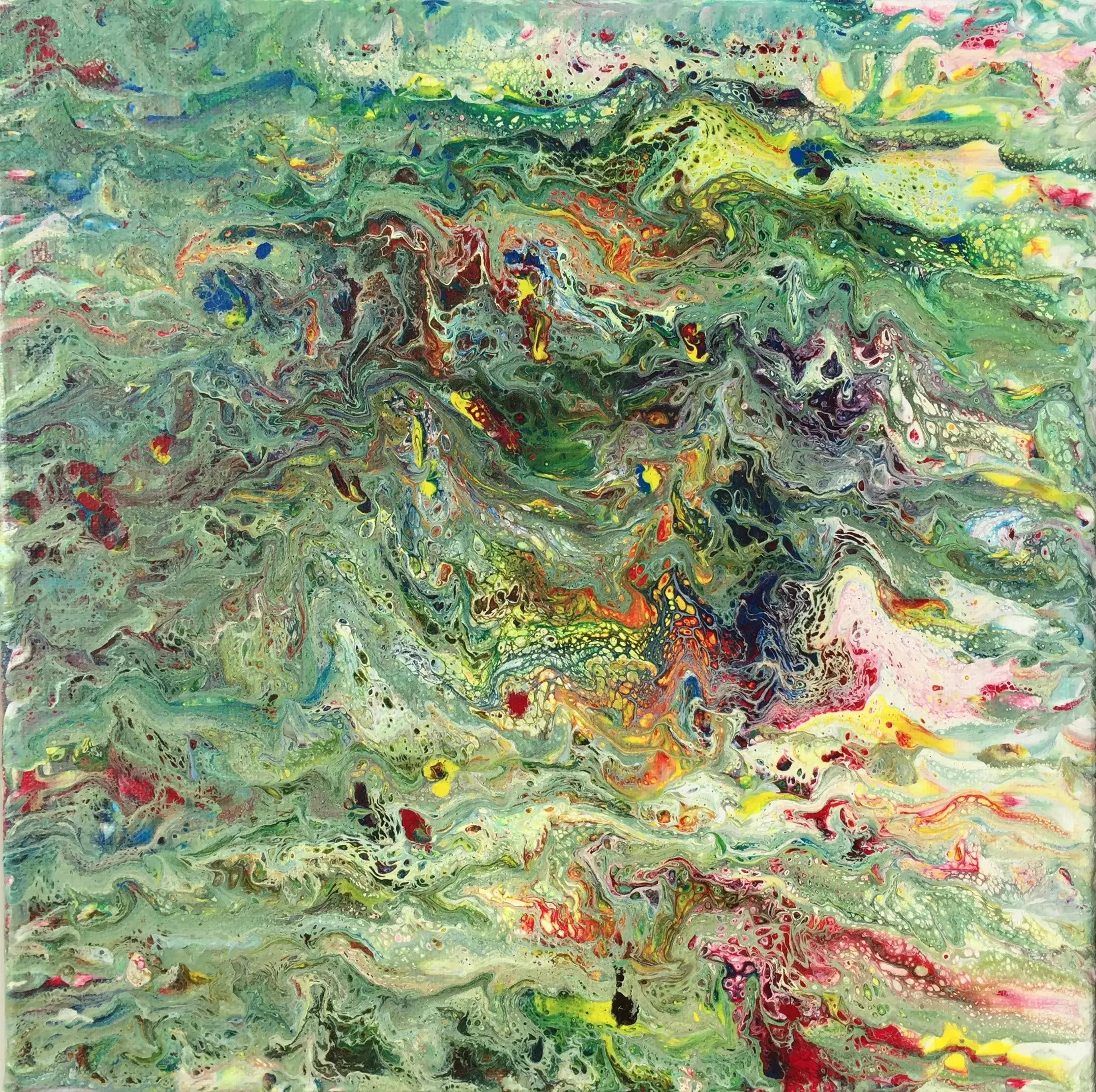 Caroline Pons, œuvre acrylique 'Vert'. Tableau abstrait contemporain fluide de verts, jaunes, rouges. Motifs cellulaires et points évoquent l'art aborigène, ambiance vibrante et organique.